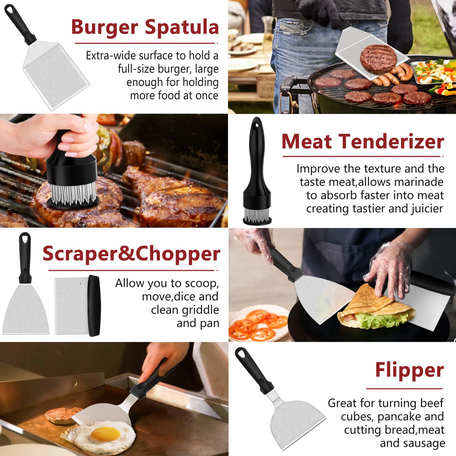 21-Piece Stainless Steel Griddle Accessories Kit - Leonyo Flat Top Grill Tools Set with 12
