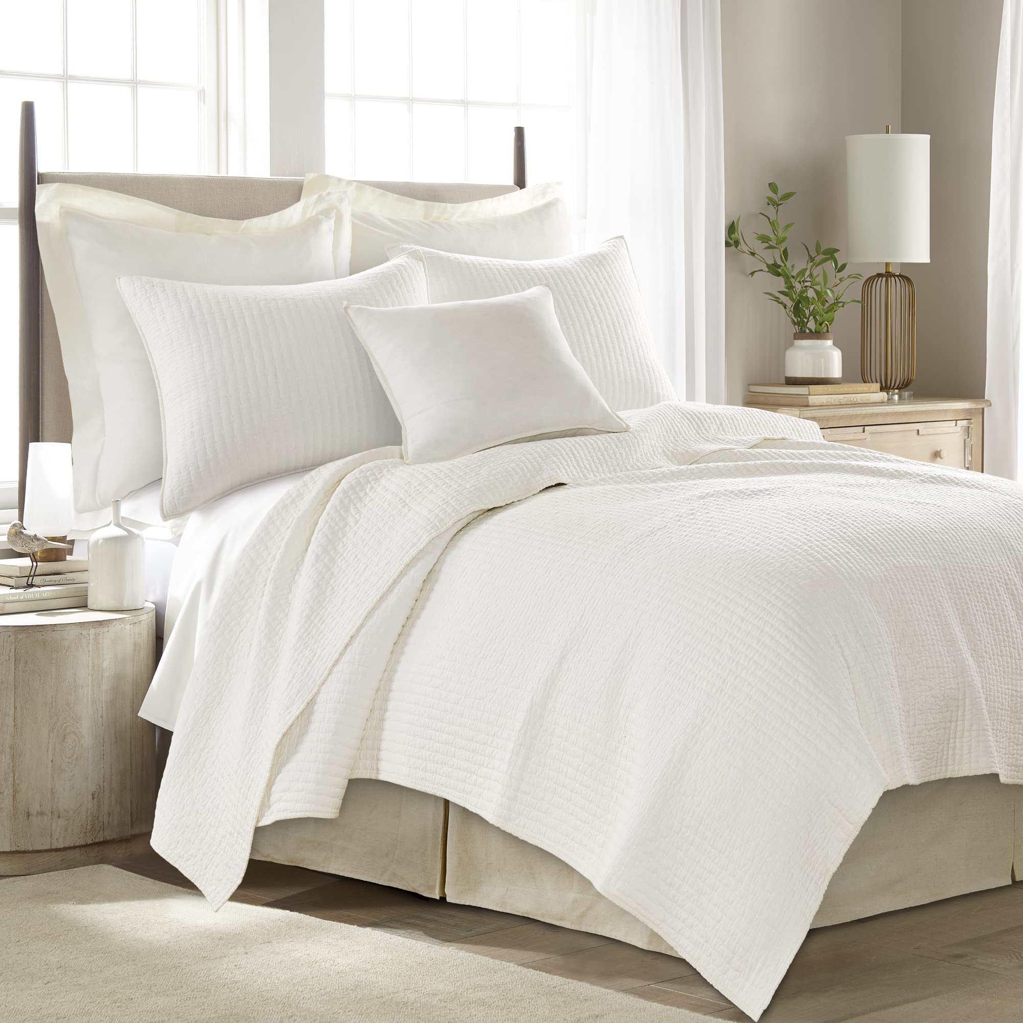 Levtex Home 100% Cotton King Size Cross Stitch Quilt Set - Cream (106x92in Quilt + 2x36x20in Shams) - Luxury Bedding for Master Bedroom & Guest Room