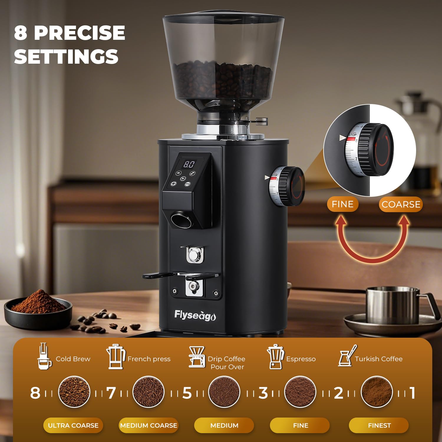 400W Commercial Electric Flat Burr Coffee Grinder - 8 Precise Settings for Espresso, Drip & French Press - Large 35.27oz Hopper & Grounds Tray - Perfect for Cafes, Restaurants & Home Baristas (Black)
