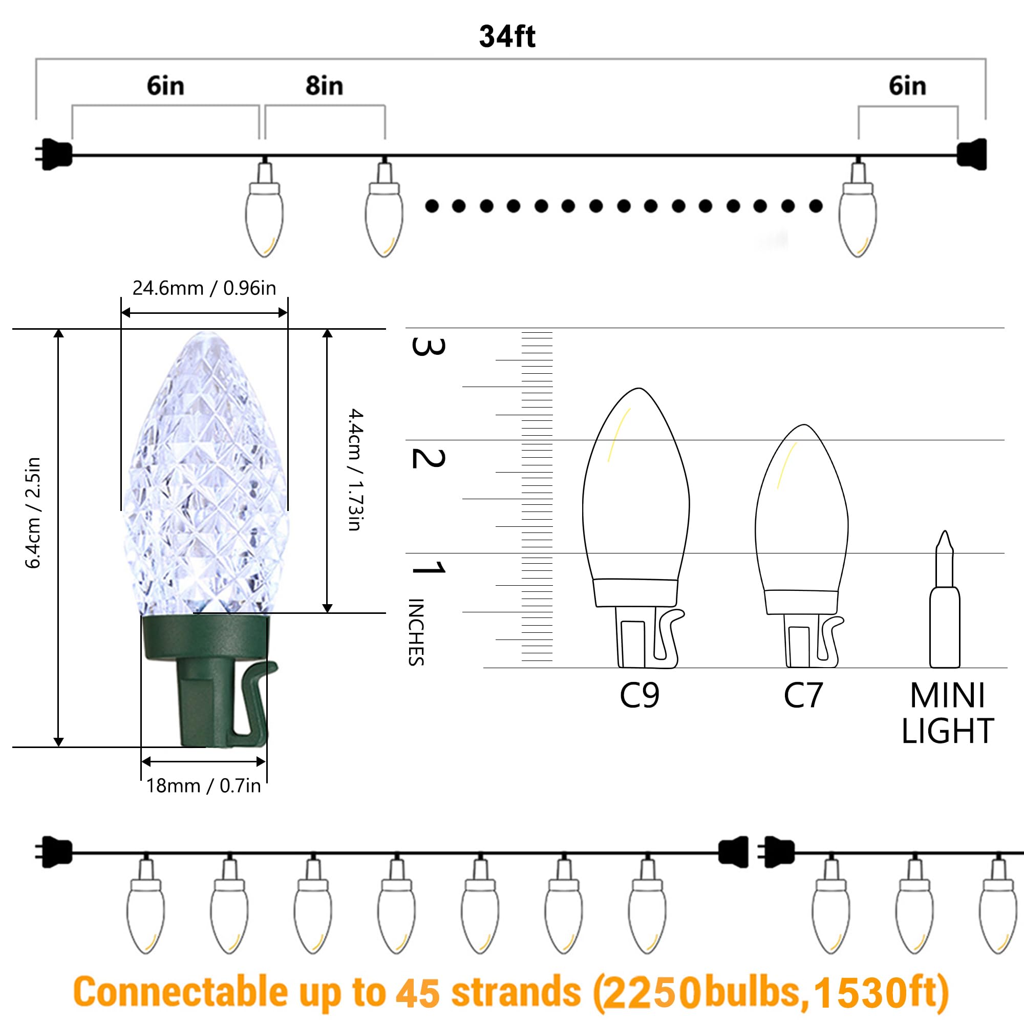 Brizled C9 Christmas Lights - 33ft 50 LED Faceted String Lights, Connectable Indoor/Outdoor Holiday Decor, UL Certified 120V for Tree, Garden, Porch & Party (Red & White) - Perfect for Christmas, Weddings, and Year-Round Festive Lighting