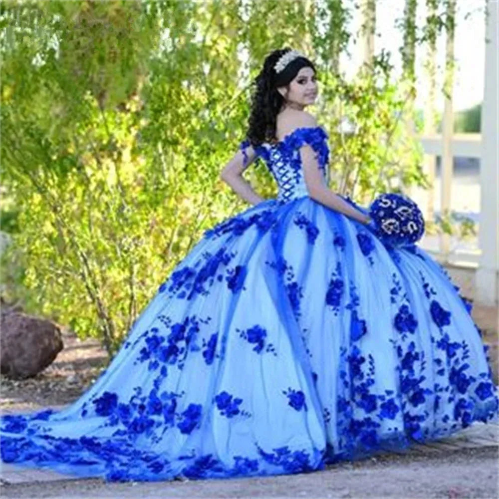 Royal Blue Quinceañera Dresses for Sweet 15 - Princess Beaded Pearls & 3D Flower Ball Gown | Perfect for Quinceañera Celebrations, Birthday Parties & Special Occasions