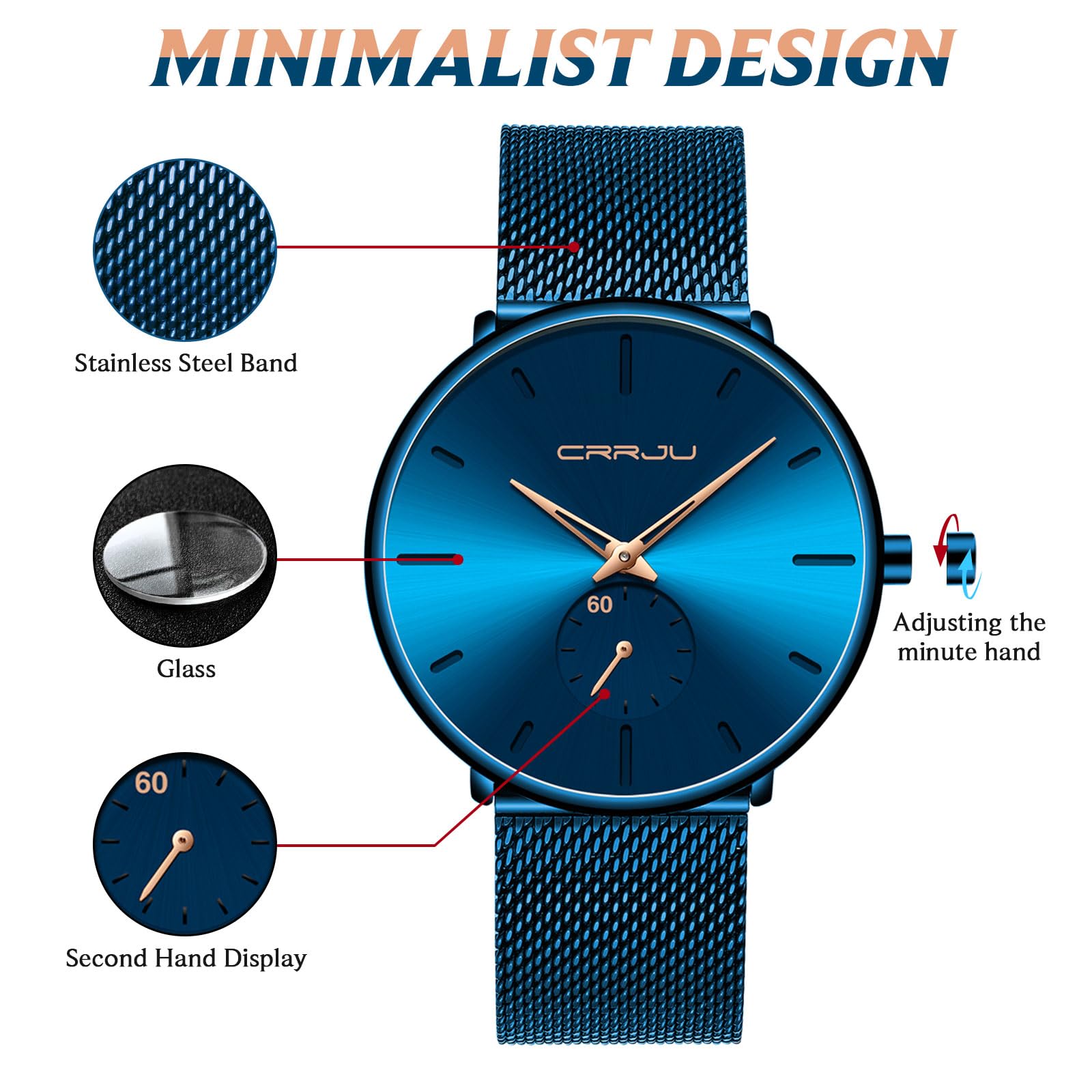 Ultra-Thin Minimalist Waterproof Men's Watch - Stainless Steel Mesh Band Unisex Dress Wristwatch for Business, Casual & Formal Occasions