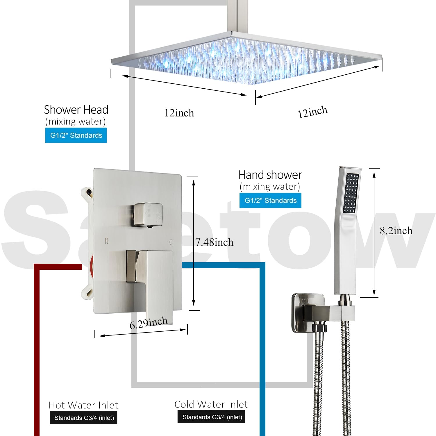 12 Inch LED Square Showerhead with Handheld Spray - SUS304 Stainless Steel Shower System Kit (Brushed Nickel) - Perfect for Modern Bathrooms & Spa-Like Shower Experience