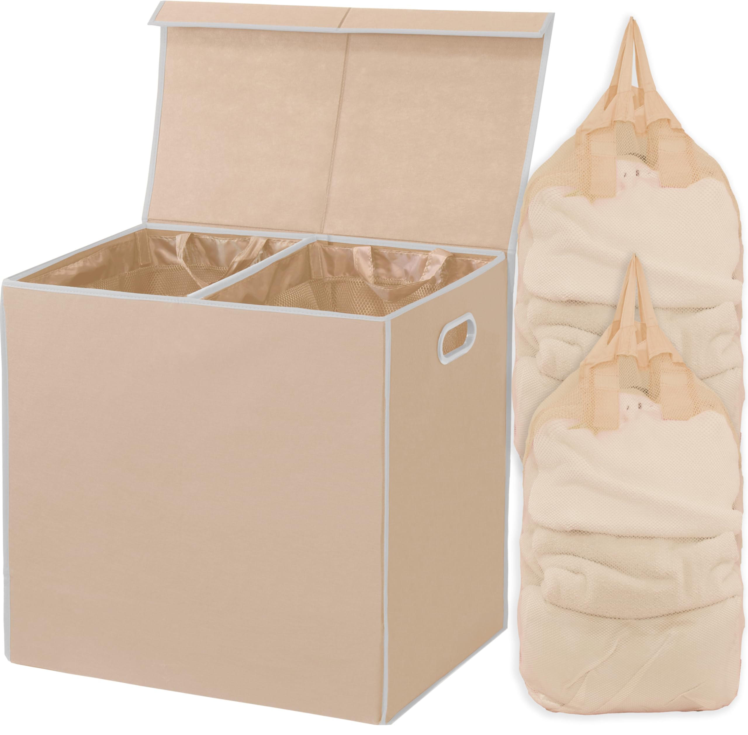 Simple Houseware Double Laundry Hamper with Lid & Removable Laundry Bags - Beige Foldable Clothes Hamper for Bedroom, Bathroom & Dorm Organization
