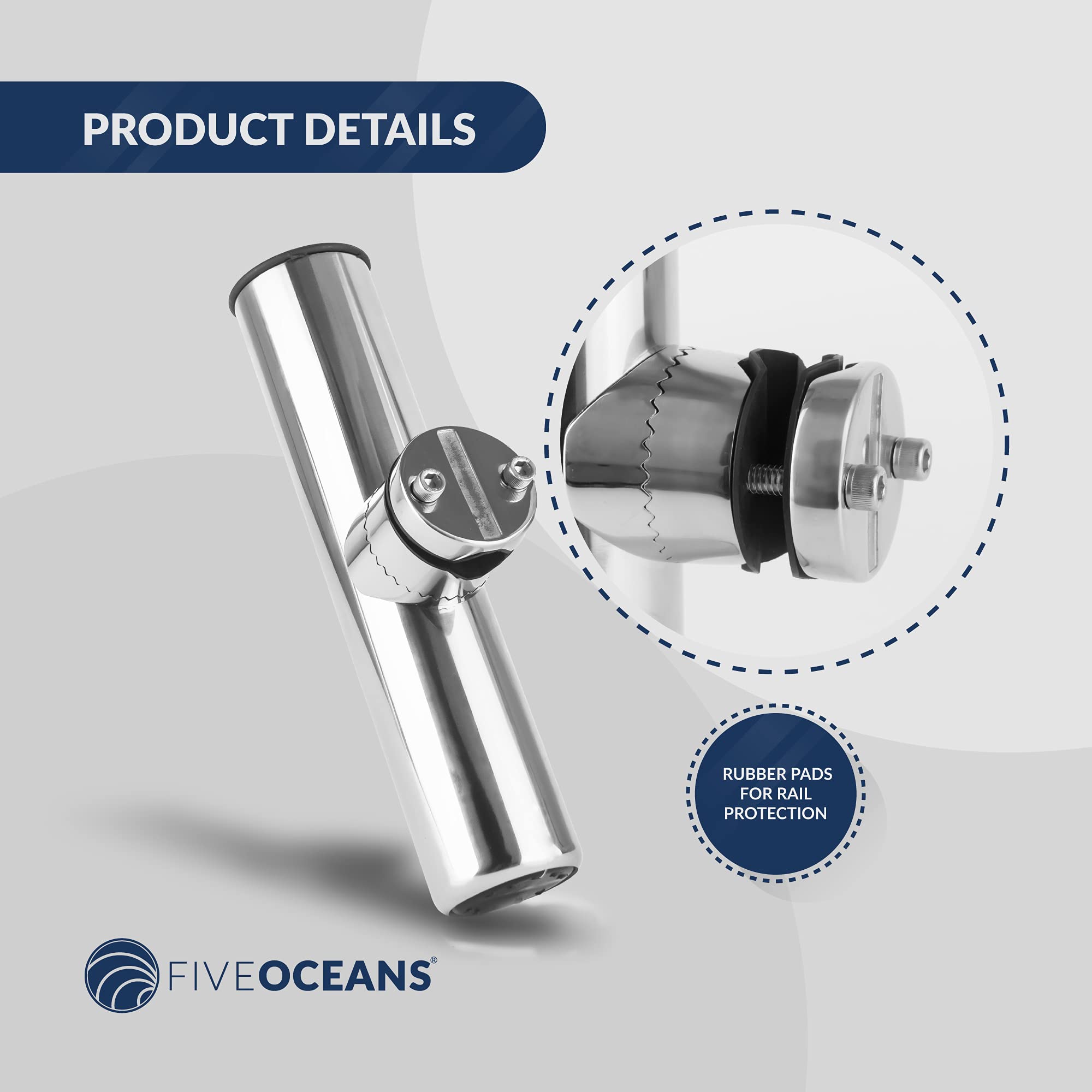 Five Oceans Adjustable Fishing Rod Holder - 15/30/90 Degree Boat Rod Mount with Heavy Duty Clamp | Secure Rod Storage for Kayak, Pontoon & Offshore Fishing | Saltwater & Freshwater Use