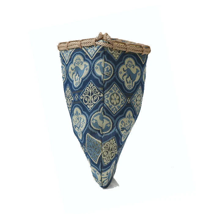Nishijin Ori Small Drawstring Pouch - Sacred Medallion Dog Design in Navy Blue | Handmade in Kyoto Japan | Traditional Japanese Craft Purse for Coins, Jewelry & Gifts