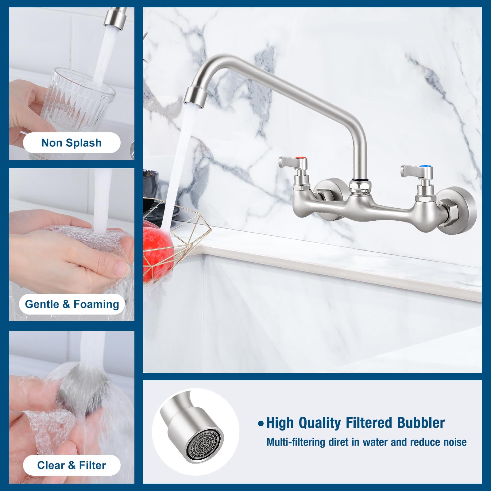 KZH 8 Inch Brushed Nickel Commercial Sink Faucet - 2 Handle Wall Mount Kitchen Faucet with Swivel Spout for Utility, Laundry Room & Restaurant Sinks | Durable & Stylish for Heavy-Duty Use