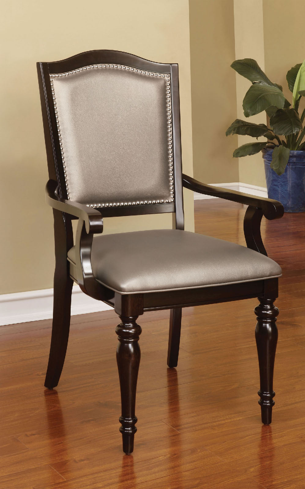 Set of 2 Dark Walnut Solid Wood Arm Chairs with Leatherette Upholstered Seats & Turned Legs - Classic Contemporary Dining Room Furniture for Kitchen, Living Room & Office