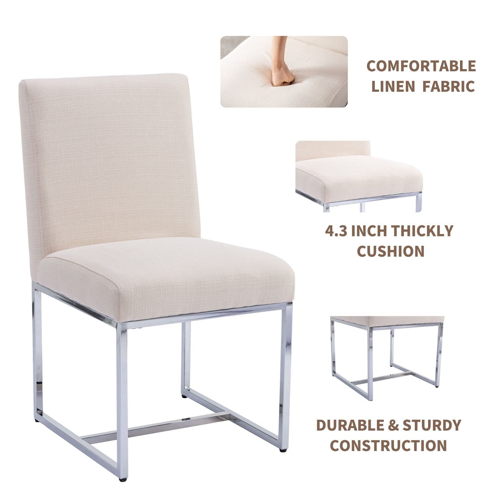 Mid Century Modern Dining Chairs Set of 2 - Cream Linen Upholstered Kitchen & Dining Room Chairs with Polished Chrome Metal Frame | Perfect for Small Spaces, Breakfast Nooks & Contemporary Dining Rooms
