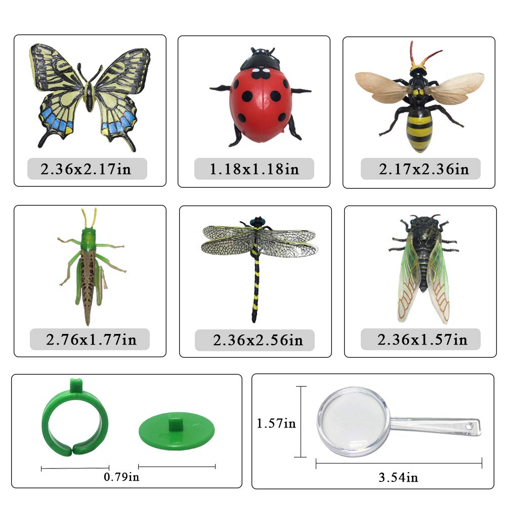 Realistic Insect Toy Figures Set - 6PCS Bug Finger Rings with Magnifying Glass | Dragonfly, Butterfly, Grasshopper, Bee, Ladybug, Cicada | Pretend Play Educational Toys for Kids Outdoor Exploration & Science Learning