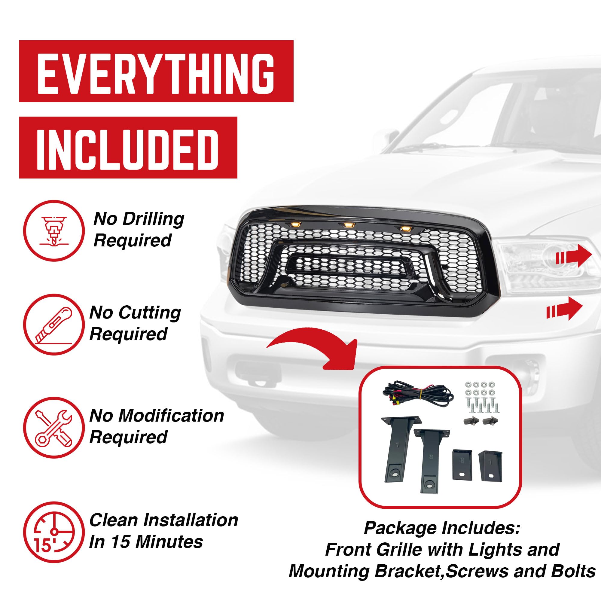 AMERICAN MODIFIED Front Grille Replacement for 2013-2018 Dodge Ram 1500 | Glossy Black Truck Grill with Amber LED Lights | Perfect for Off-Roading & Custom Truck Upgrades