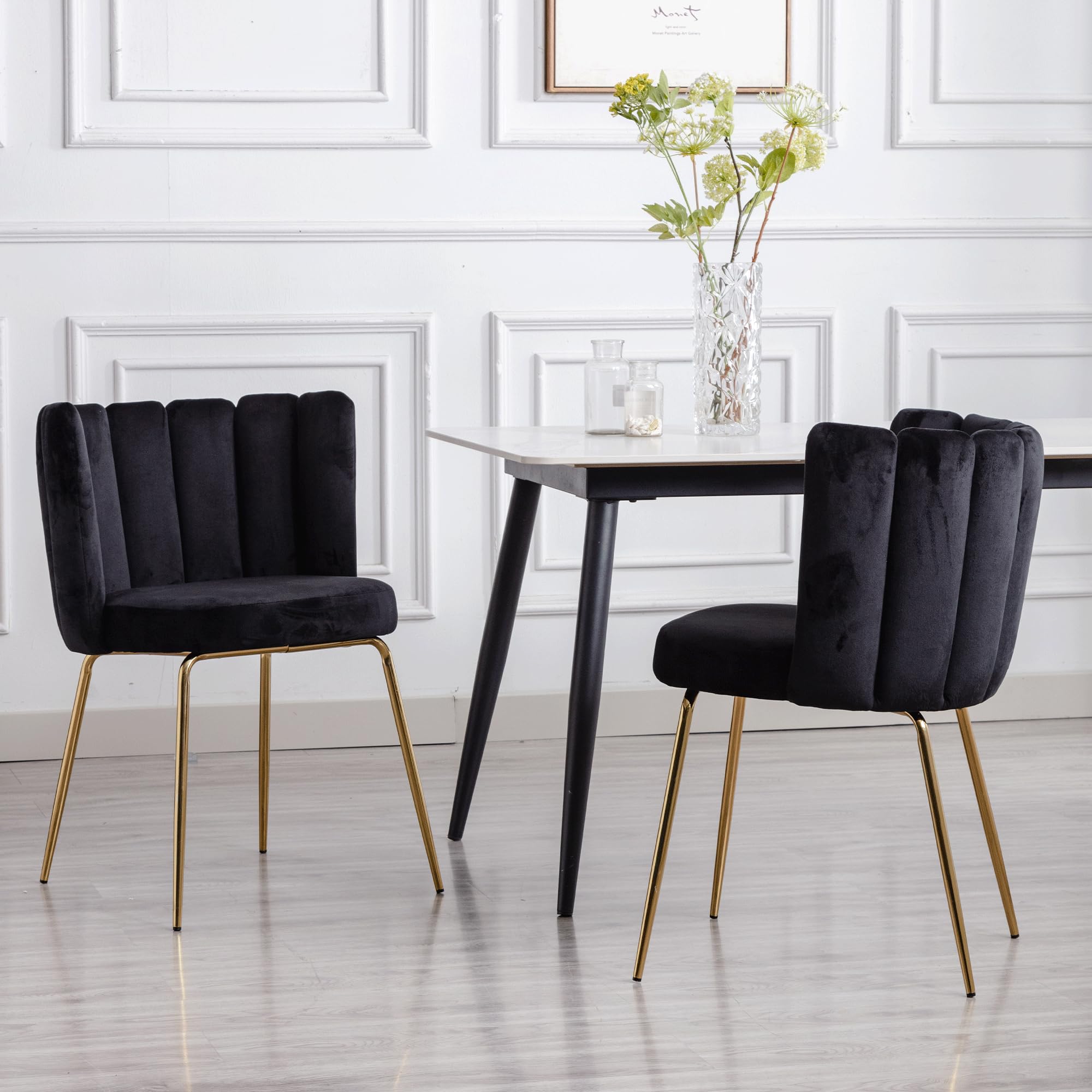 Velvet Barrel Dining Chairs Set of 2 - Modern Upholstered Accent Chairs with Gold Metal Legs for Kitchen, Living Room & Dining Room - Elegant Black Seating for Home Decor & Entertaining