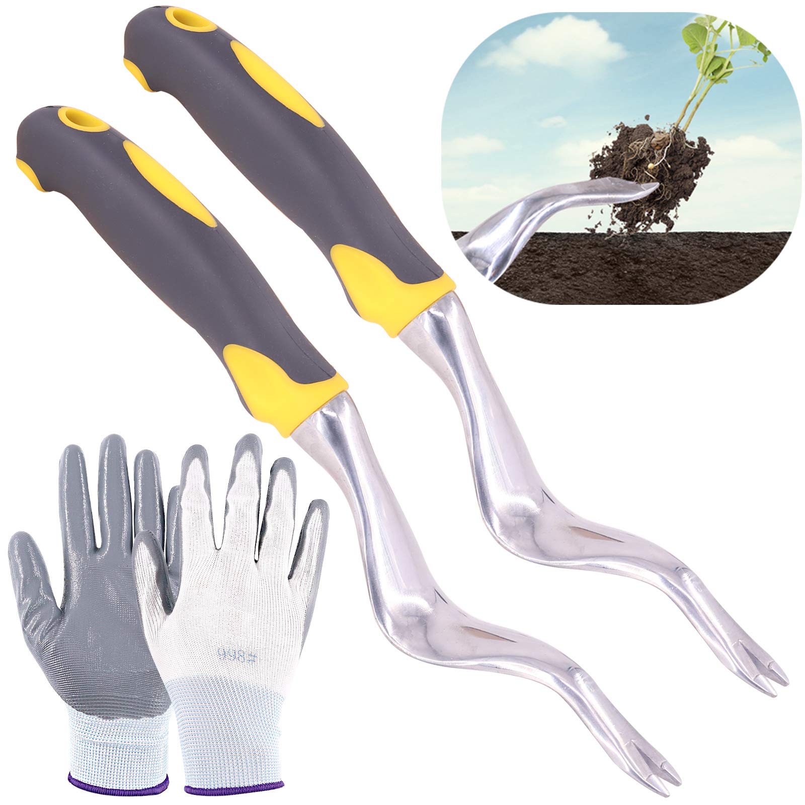 Glarks 4-Piece Hand Weeder Tool Set with Anti-Cut Gloves - 2 Garden Weed Pullers for Lawn, Yard & Gardening - Perfect for Weed Removal & Landscaping Maintenance