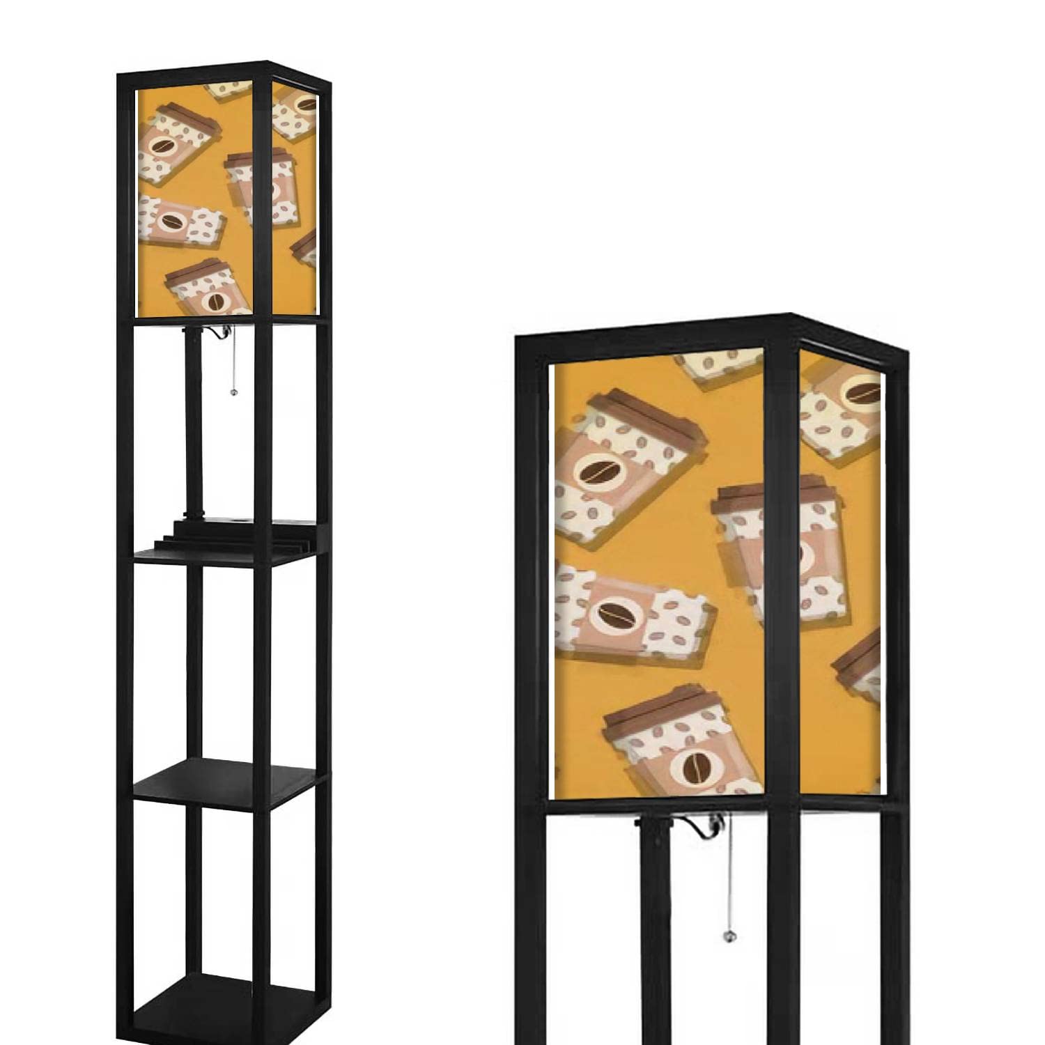 Modern Standing Floor Lamp with USB Ports & Power Outlet - Coffee Bean Design on Shade, Shelves for Storage - Linen Fabric Shade for Living Room, Bedroom, Office - Tall Corner Lamp for Reading & Relaxation
