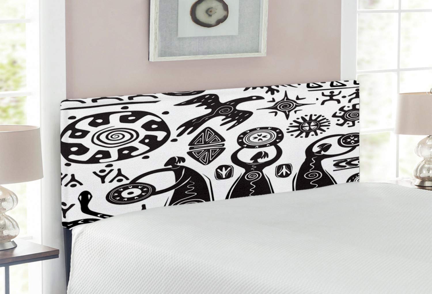 Ambesonne Prehistoric Tribal Headboard - Full Size Upholstered Bed Headboard with Memory Foam | Cave Art Design Featuring Shaman, Eagle & Sun Snake | Black & White Folk Theme Decor for Bedroom, Guest Room or Dorm