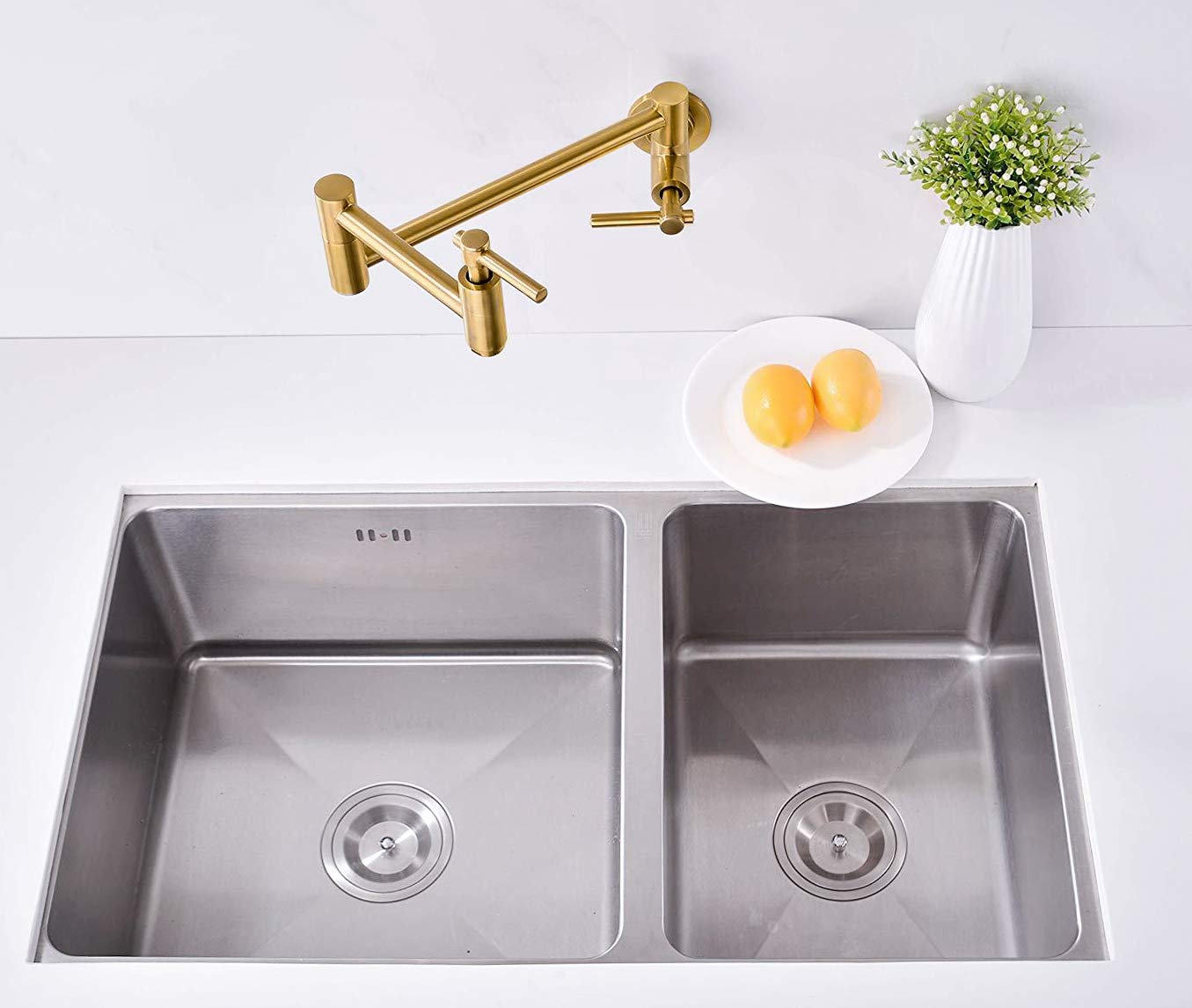Wall Mount Gold Pot Filler Faucet - Lead-Free Brass, Swing Arm for Kitchen Sink