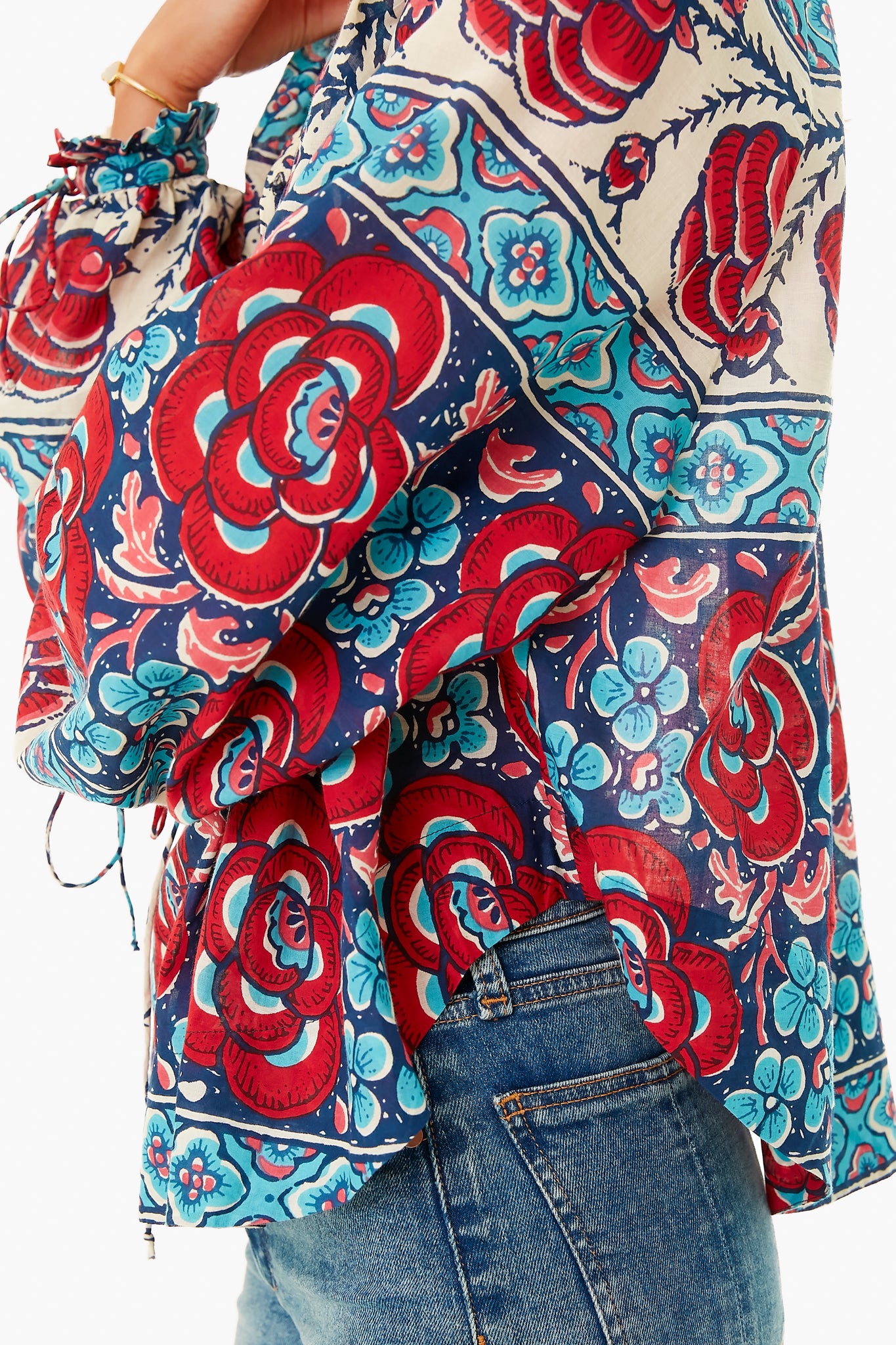 Blue Multi Floral Tie Sleeve Blouse for Women | Elegant Floral Print Tunic Top | Perfect for Office, Date Night & Spring Outfits