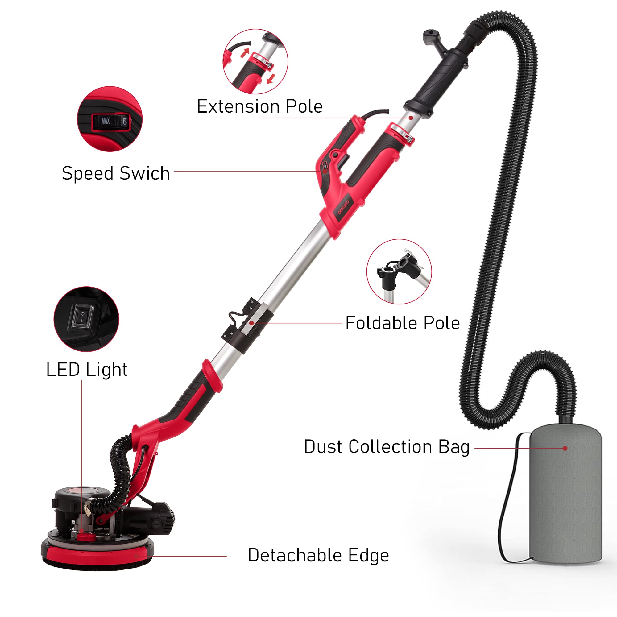 1250W Electric Drywall Sander with Vacuum Dust Collector - 7 Speed Adjustable LED Light (900-1800RPM) - Foldable Extendable Handle for Ceiling & Popcorn Removal - Professional Drywall Sanding Tool for Home Renovation and Construction Projects