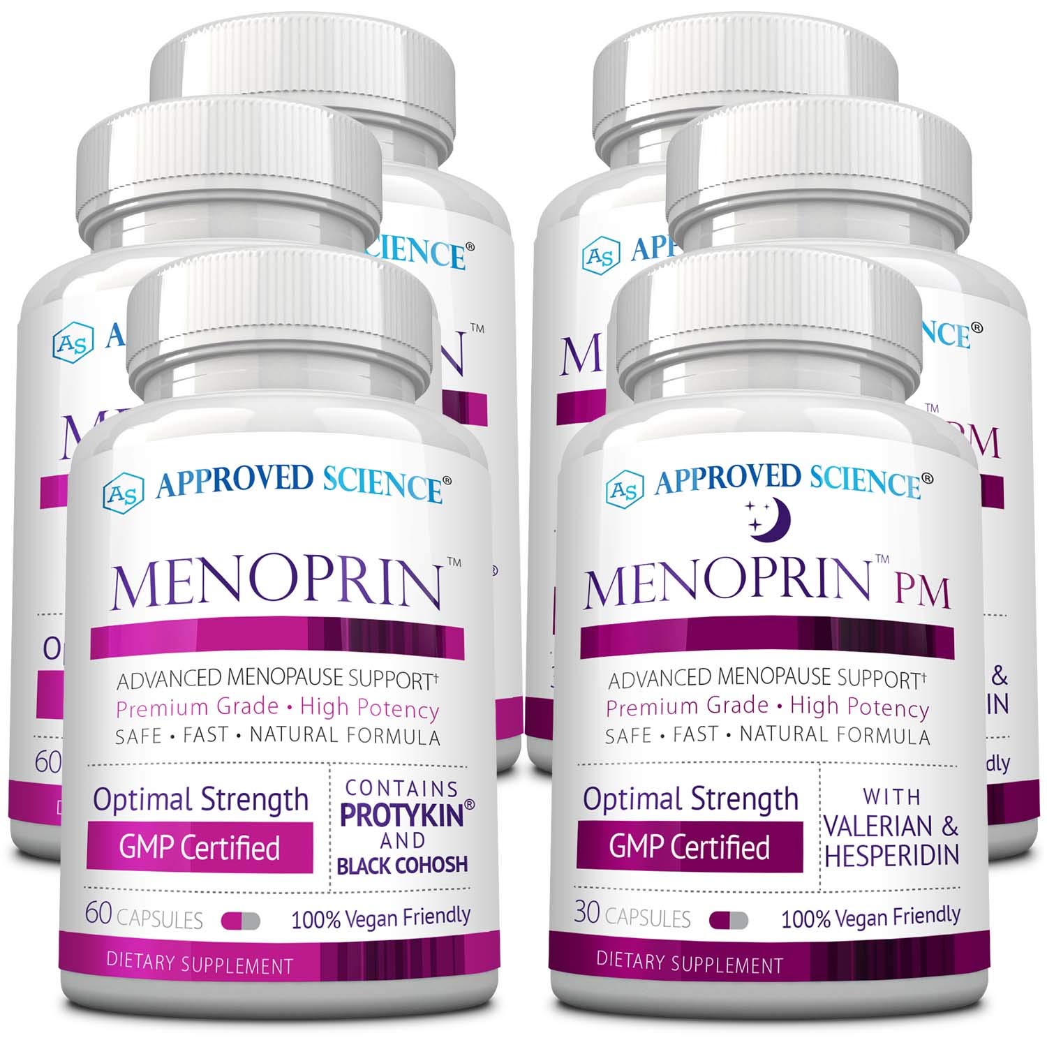 Approved Science Menoprin - Natural Menopause Relief Supplement with Protykin & Black Cohosh - 60 Capsules (3 Bottles Day + 3 Bottles PM) - Vegan Formula for Hot Flashes & Night Sweats - Supports Hormonal Balance & Better Sleep