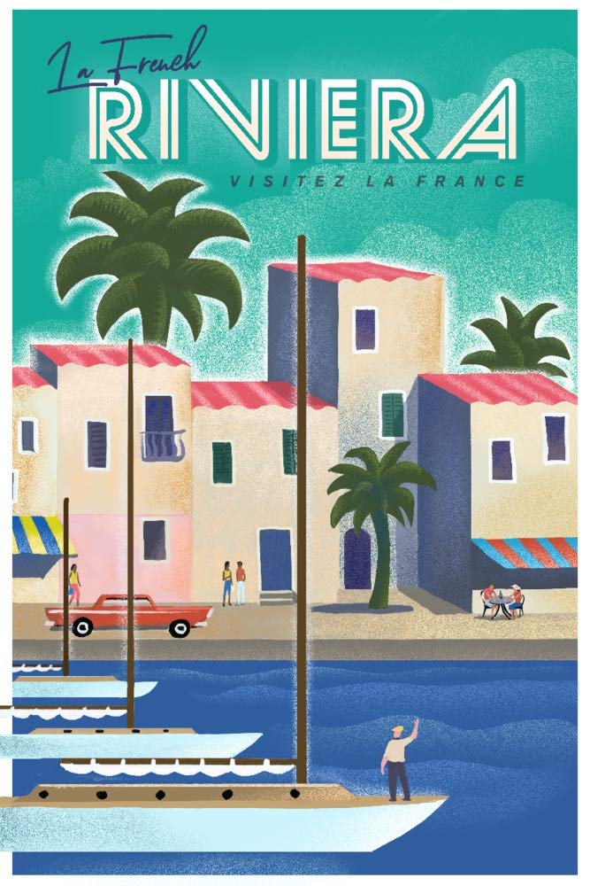 La French Riviera Travel Poster - 36x54 Giclee Gallery Print, France Wall Art Decor for Living Room, Office & Bedroom - Vintage French Travel Lithograph for Coastal & Beach Theme Interior Design