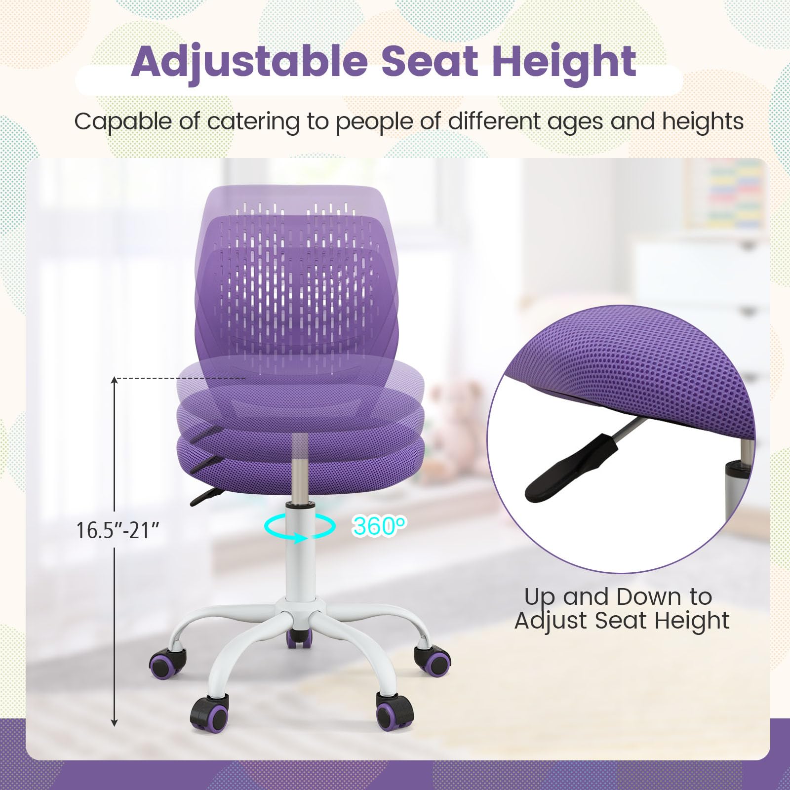 Powerstone Compact Rolling Desk Chair - Adjustable Mid-Back Swivel Office Chair with Wheels, Armless Computer Task Chair for Small Spaces (Purple) - Perfect for Home Office, Study Rooms & Compact Workspaces