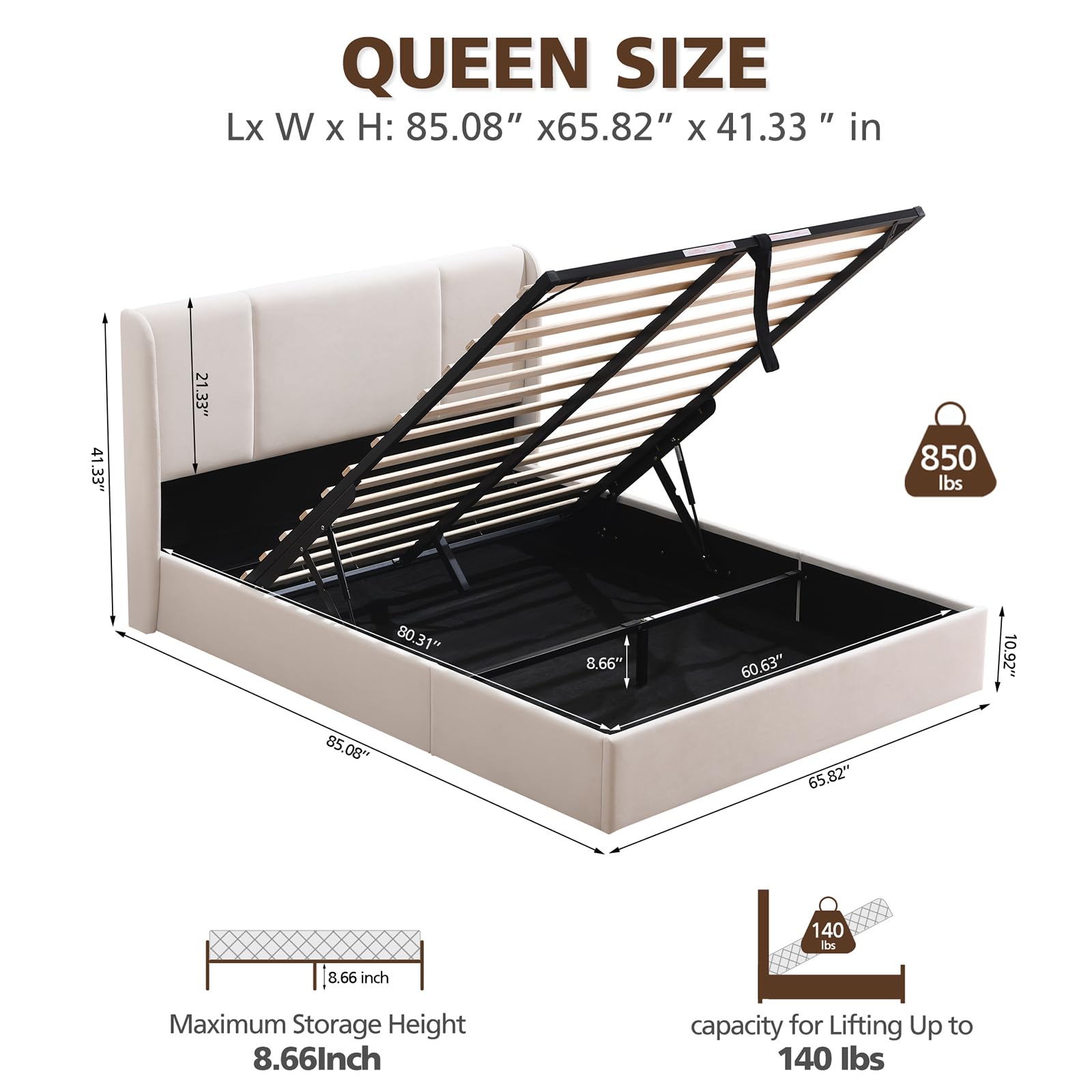 VELOCAVA Queen Size Upholstered Platform Storage Bed with Wingback Headboard - Hydraulic Lift Up Design, No Box Spring Needed, Large Under Bed Storage Space - Perfect for Small Bedrooms & Guest Rooms (White)