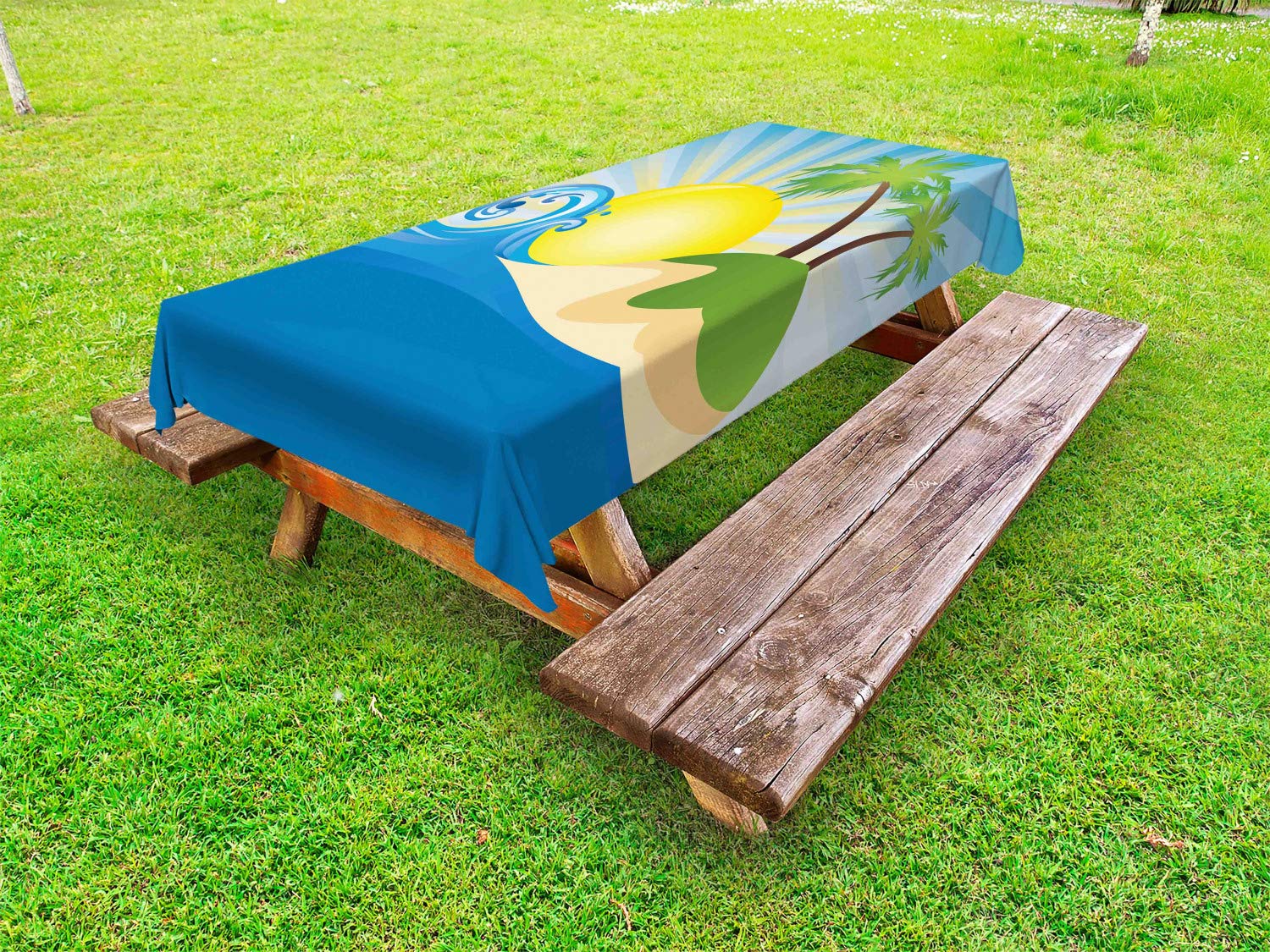 Ambesonne Waterproof Beach Tablecloth - Tropical Sun Rays & Island Design, 58