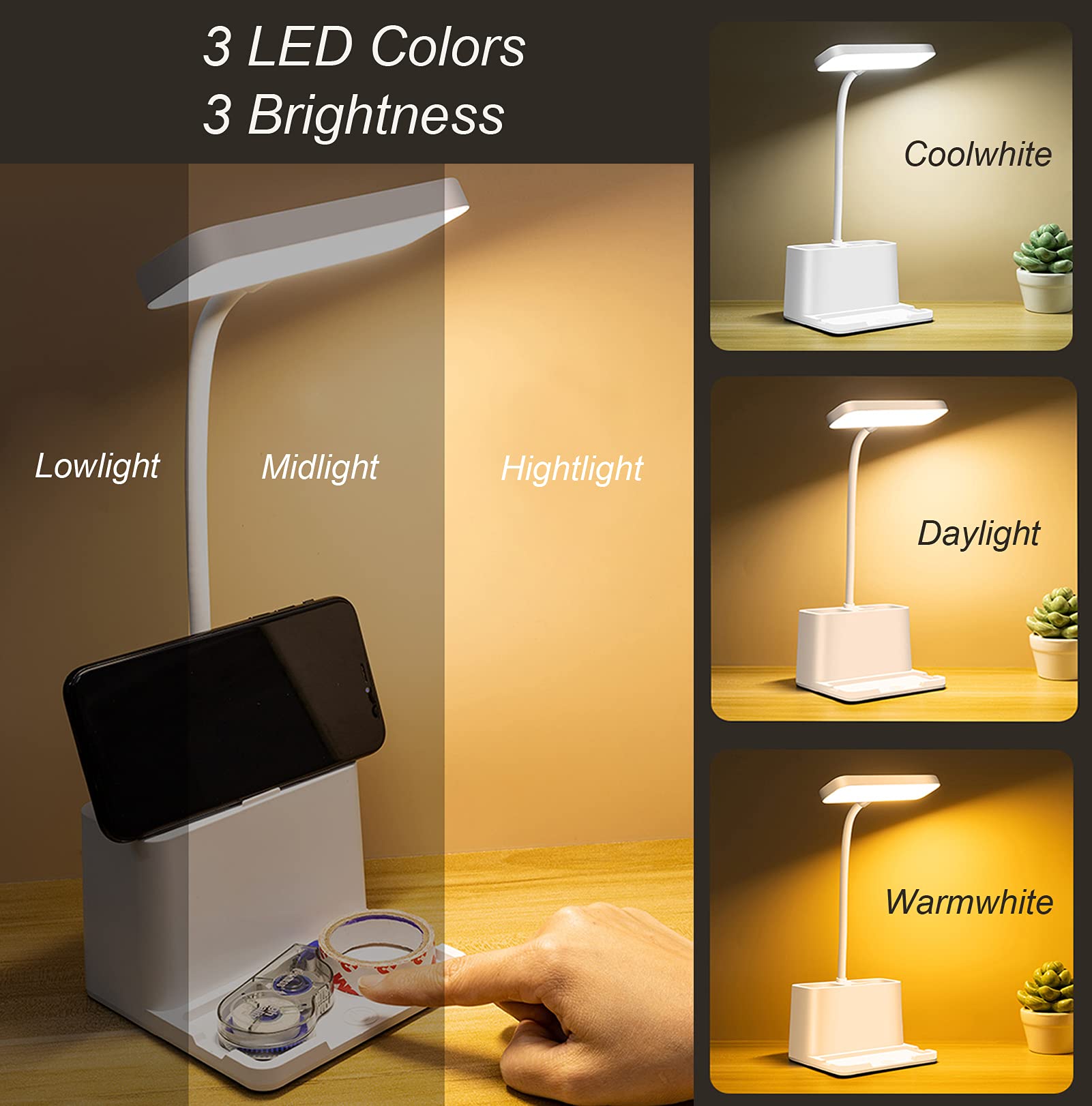 USB Rechargeable LED Desk Lamp with Flexible Gooseneck - 3 Color Modes & Stepless Dimming, Eye-Caring Study Light with Pen & Phone Holder for Home & Office - Perfect for Reading, Working, and Nighttime Studying