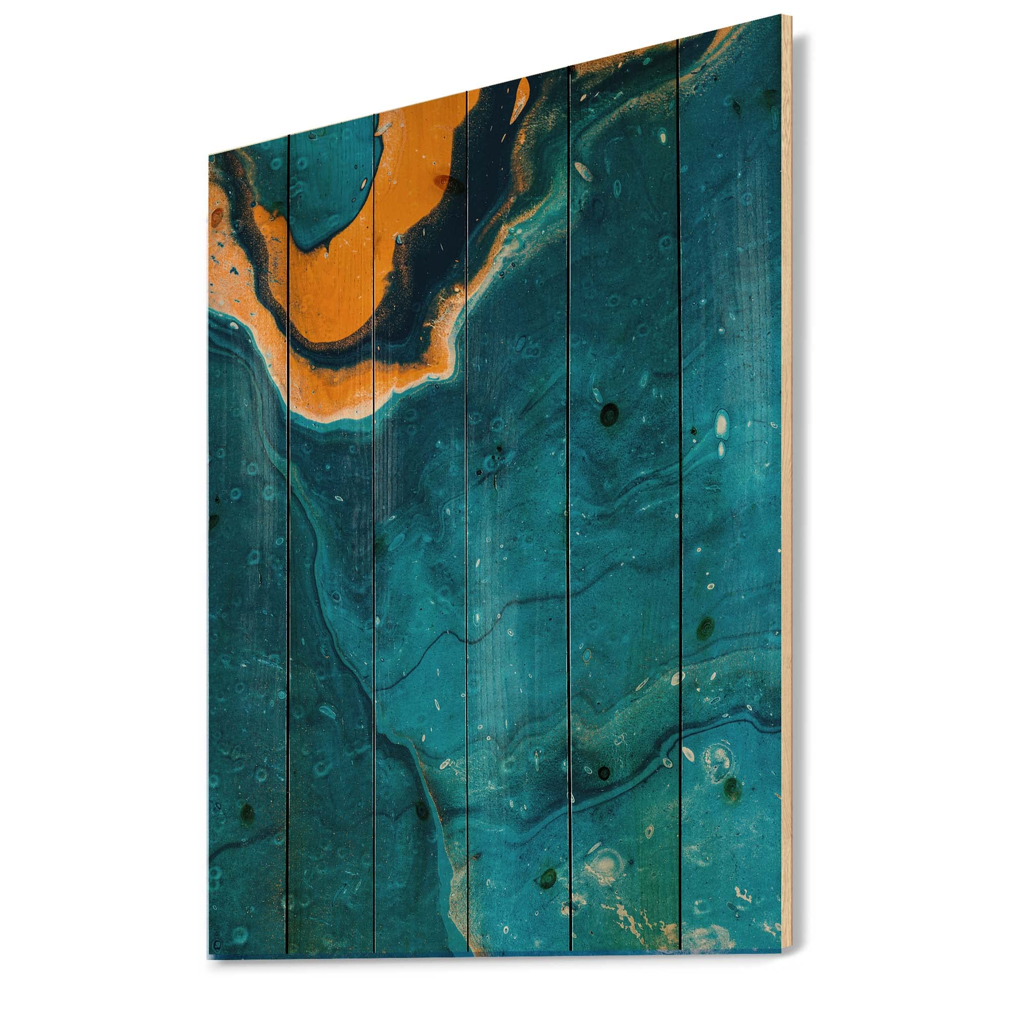 Abstract Marble Wood Wall Art - Blue & Orange Modern Decor for Living Room