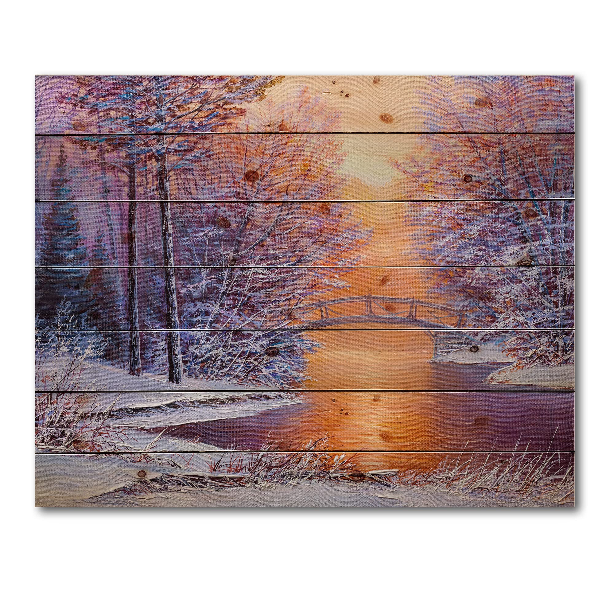 DesignQ Winter River Bridge Landscape Wood Wall Art - Traditional White Wooden Wall Decor, Large Pine Wood Panel Print for Living Room, Bedroom & Office