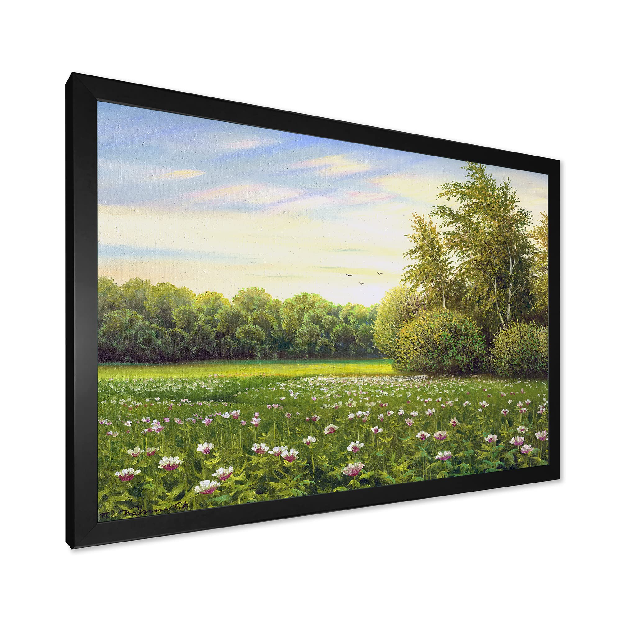 DesignQ Spring Trees By The Meadows Country Framed Wall Art - Landscape Painting for Living Room, Bedroom & Office Decor - Perfect Farmhouse & Rustic Home Decor Gift
