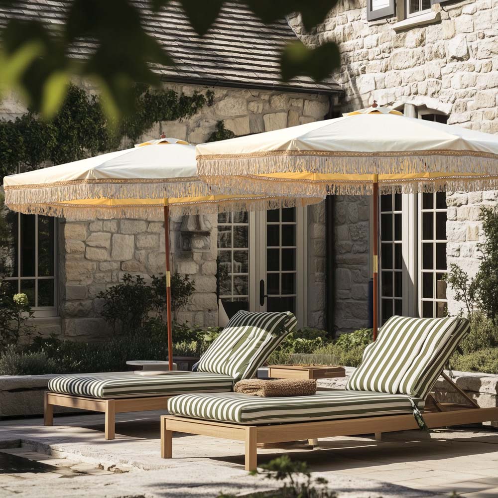 9ft 8-Rib Wooden Patio Market Umbrella with Tilt & Fringe - Outdoor Shade for Garden, Poolside, Restaurant & Backyard - Durable 5-10 Year Warranty