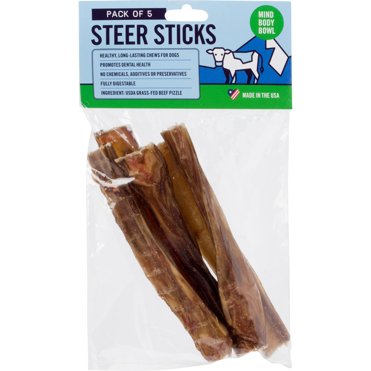 Premium MIND BODY BOWL USA Natural Steer Sticks Dog Chews - 5 Pack All-Natural Beef Dog Treats for Aggressive Chewers - Perfect for Training, Dental Health & Long-Lasting Entertainment