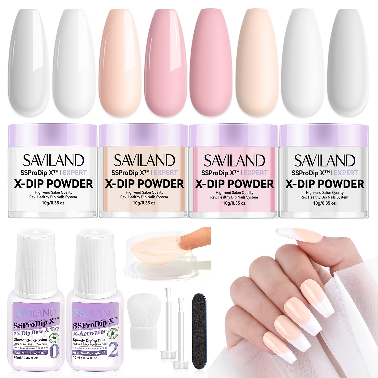 SAVILAND Dip Powder Nail Kit Starter - 4 Colors (Clear, White, Nude) with 2-in-1 Base & Top Activator | DIY French Manicure Set for Home & Salon | Long-Lasting Gel Alternative for Natural & Acrylic Nails | Perfect for Weddings, Parties & Everyday Wear