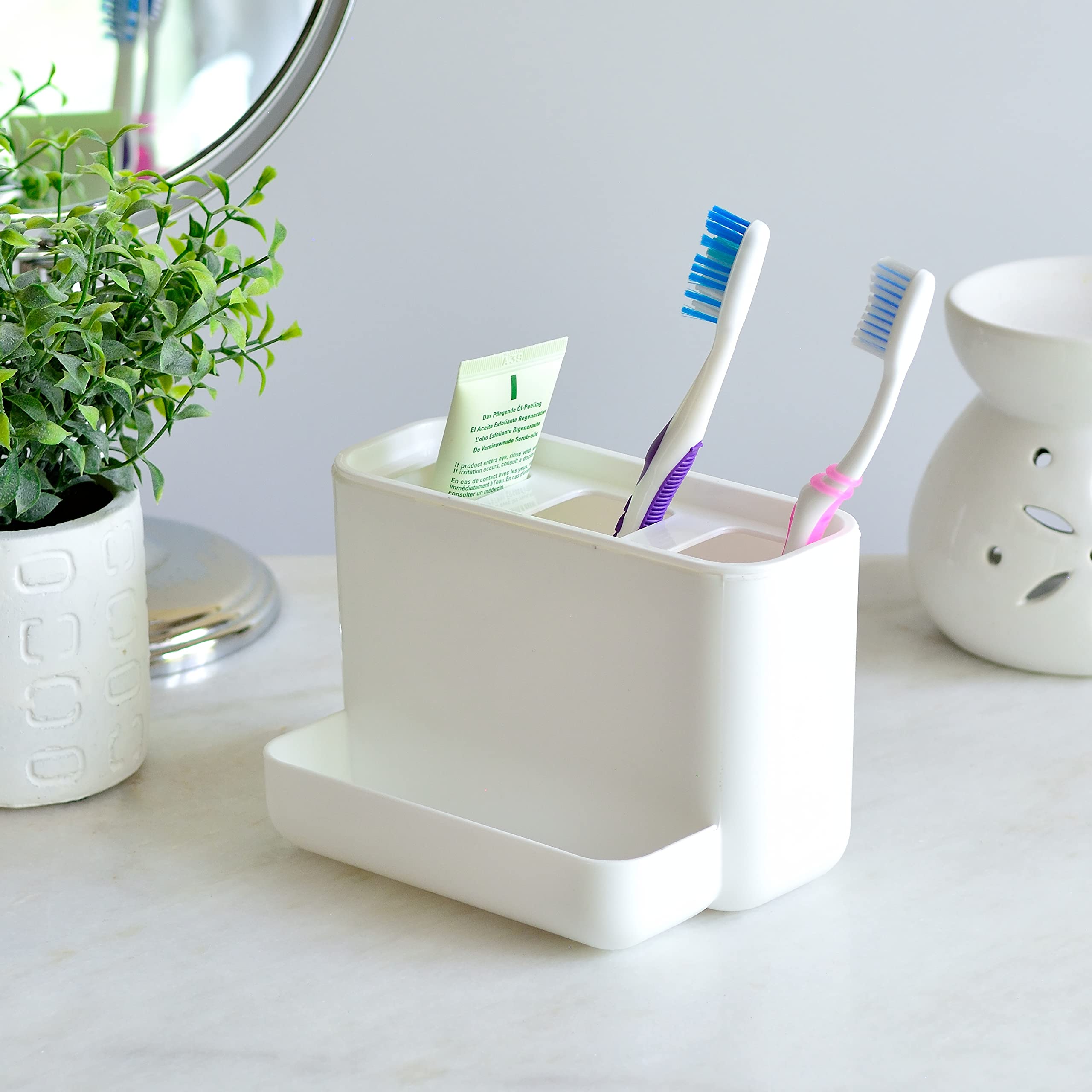 Youngever 2 Pack Plastic Toothbrush Holders for Bathroom - 4 Compartment Countertop Organizer for Toothbrushes, Razors & Makeup Brushes | Space Saving Bathroom Storage Solution for Sink, Vanity & Countertop