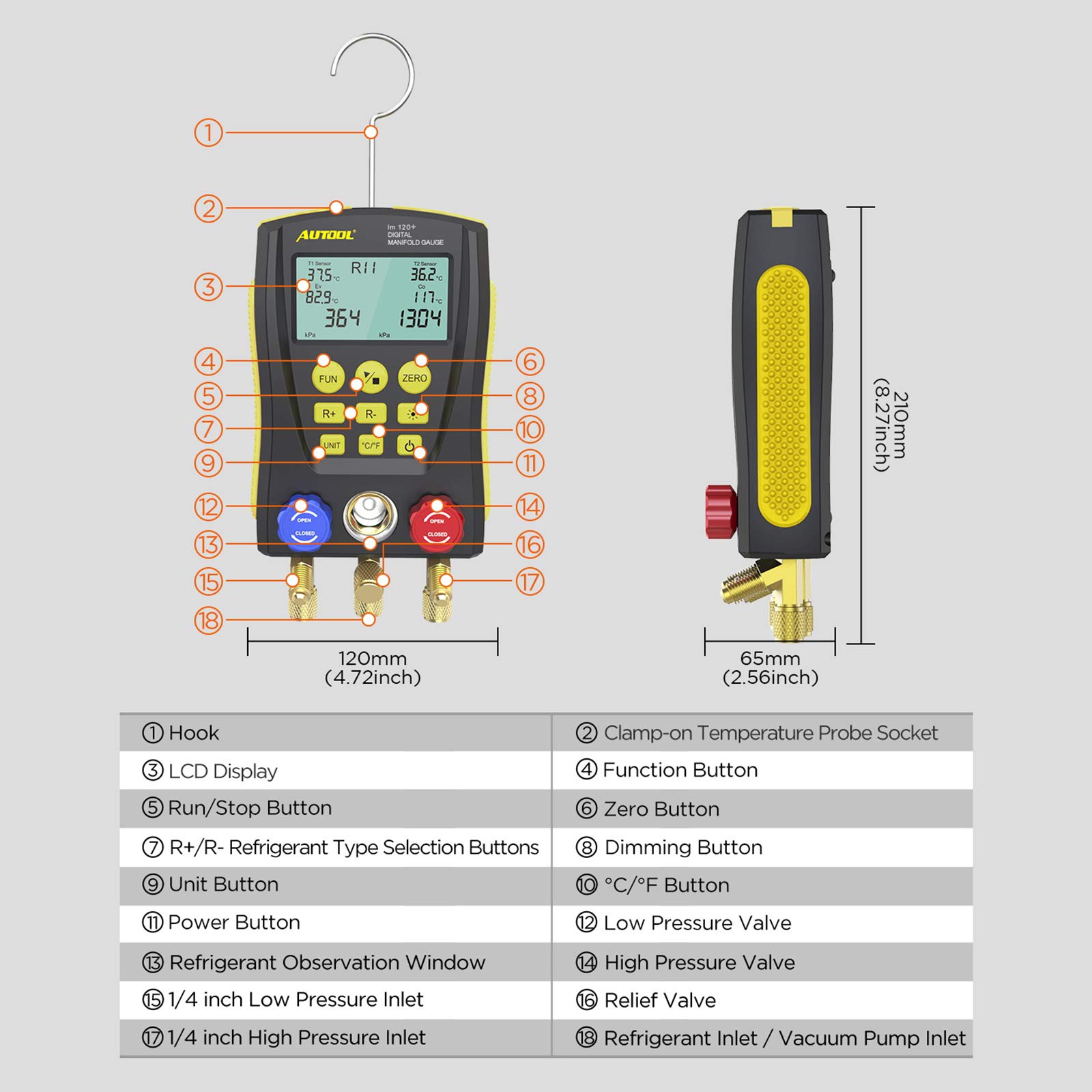 Professional Digital HVAC Manifold Gauge Set - Refrigeration Vacuum Pressure Temperature Tester Kit with Test Clips & Pipes for AC, Refrigerator Maintenance - Perfect for HVAC Technicians & DIY Home Appliance Repair