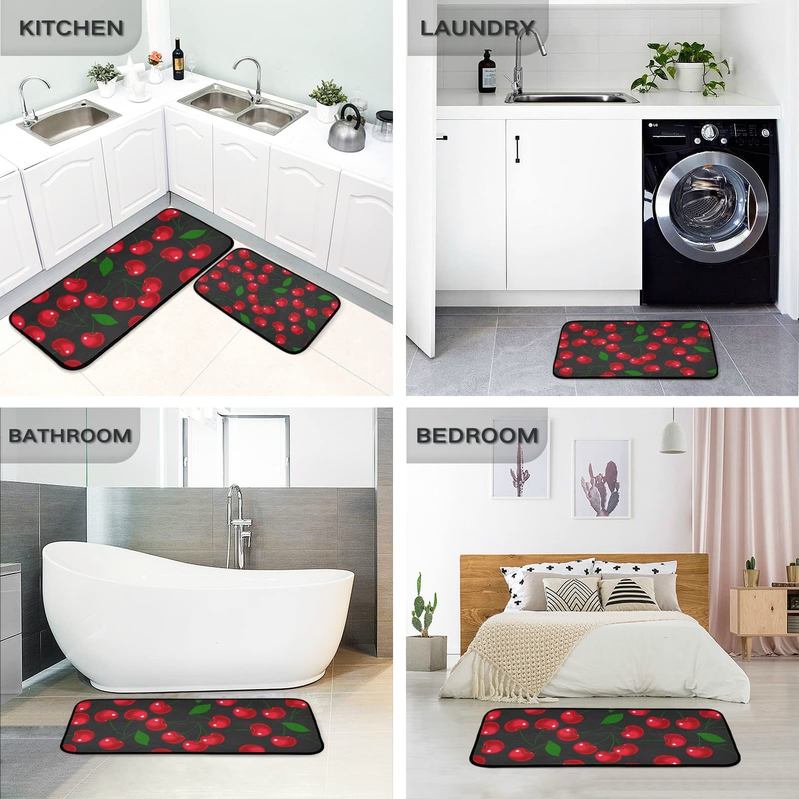 Premium 2-Piece Red Cherry Kitchen Rugs Set - Cushioned Anti-Fatigue Non-Slip Mats, Washable Farmhouse Decor for Indoor & Outdoor Use - Perfect for Kitchens, Entryways, and Laundry Rooms