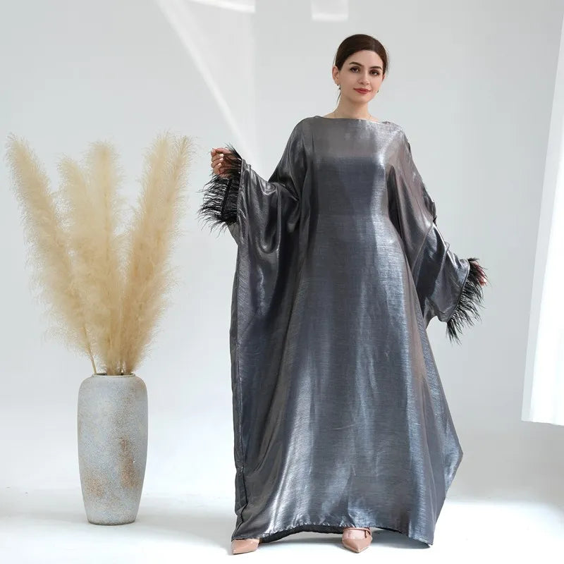 Elegant Muslim Women's Feather Sleeve Abaya Dress - Soft Nylon Cotton Blend - Perfect for Prayer, Eid Celebrations & Modest Fashion
