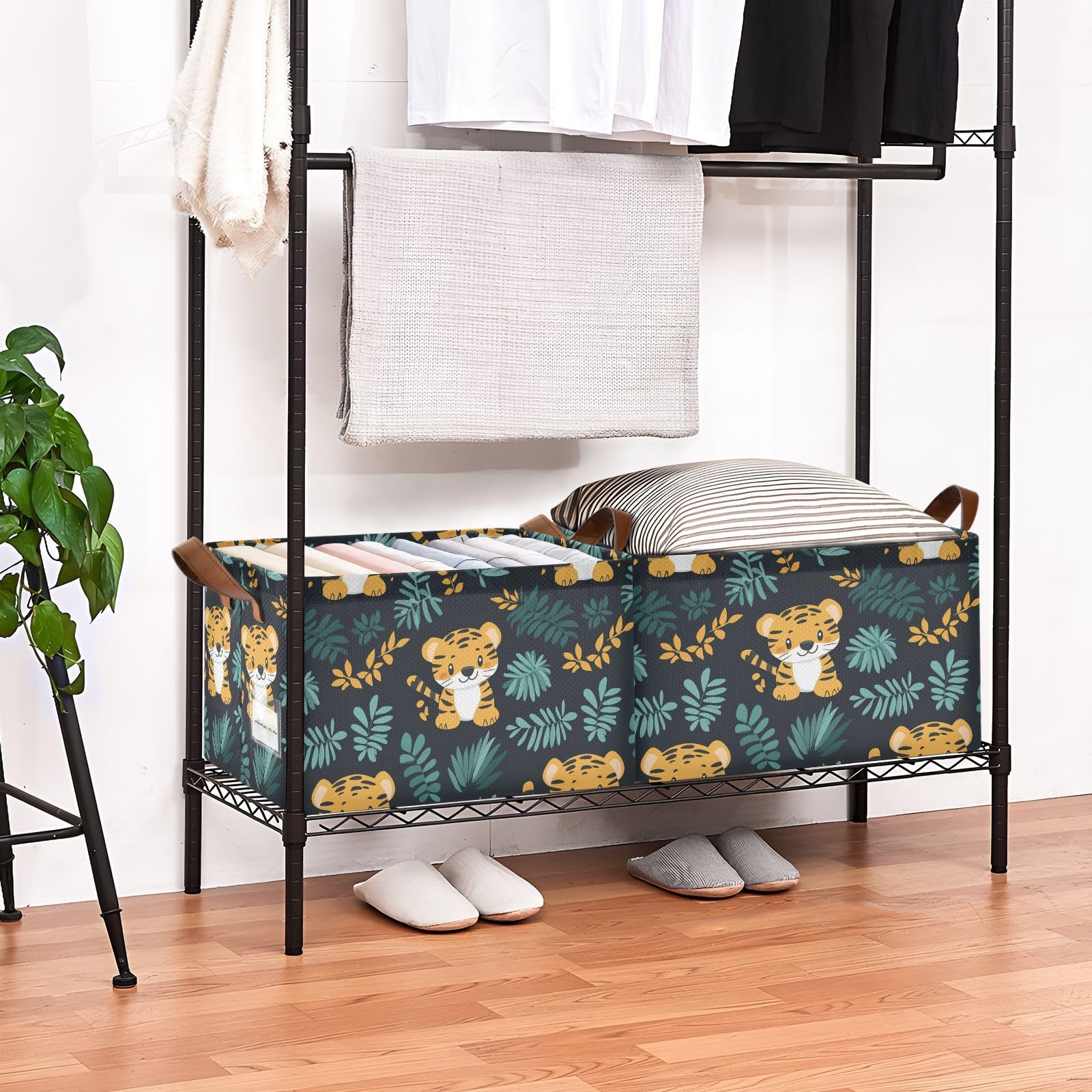 Collapsible Storage Baskets with Handles - Jungle Cute Animal Tigers Fabric Closet Organizer for Clothes, Pantry, Shelves & Drawers | Sturdy Desktop & Classroom Office Storage Solution for Home Organization