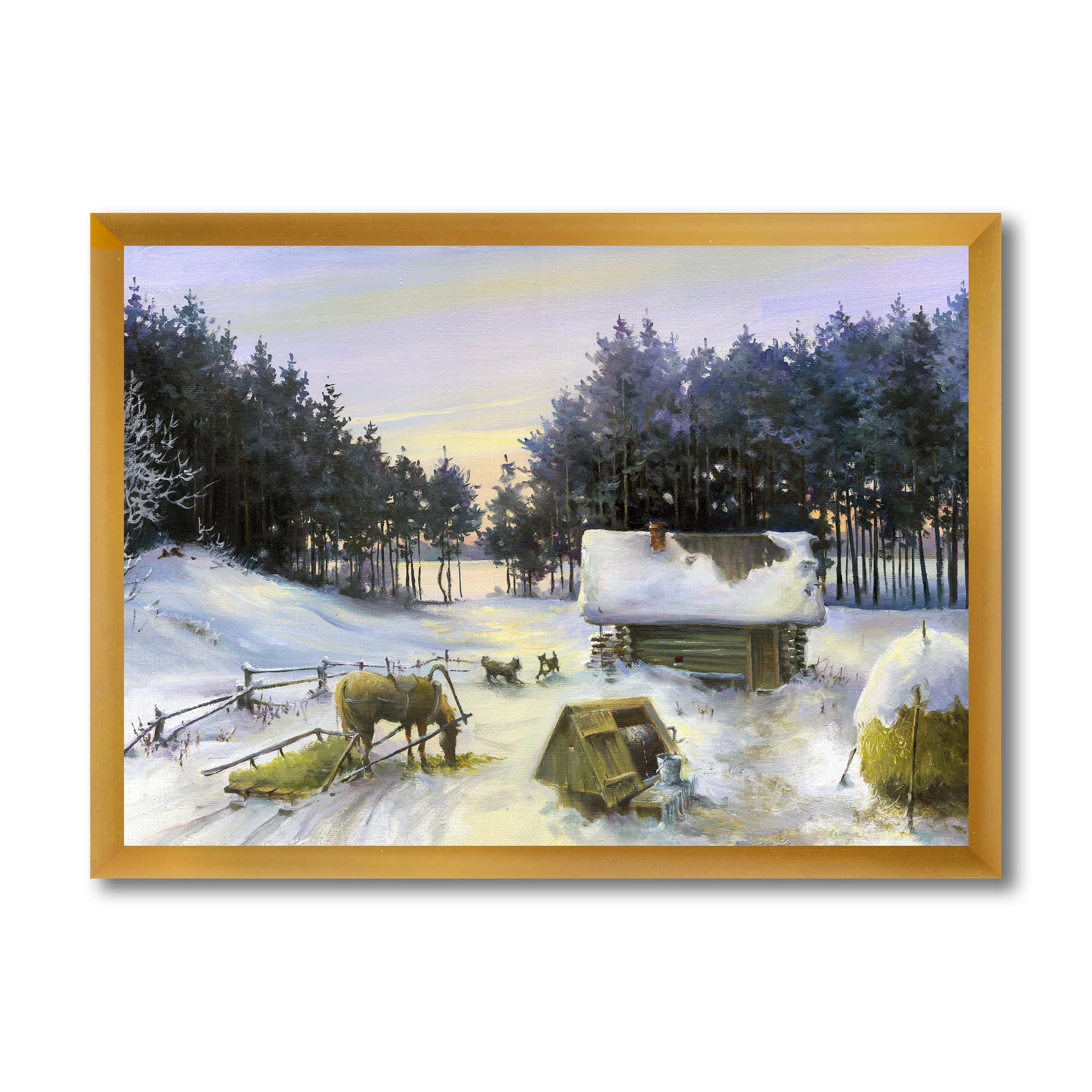 Snowy Cottage Winter Scene Framed Wall Art - Rustic Country Home Decor for Living Room, Bedroom & Office
