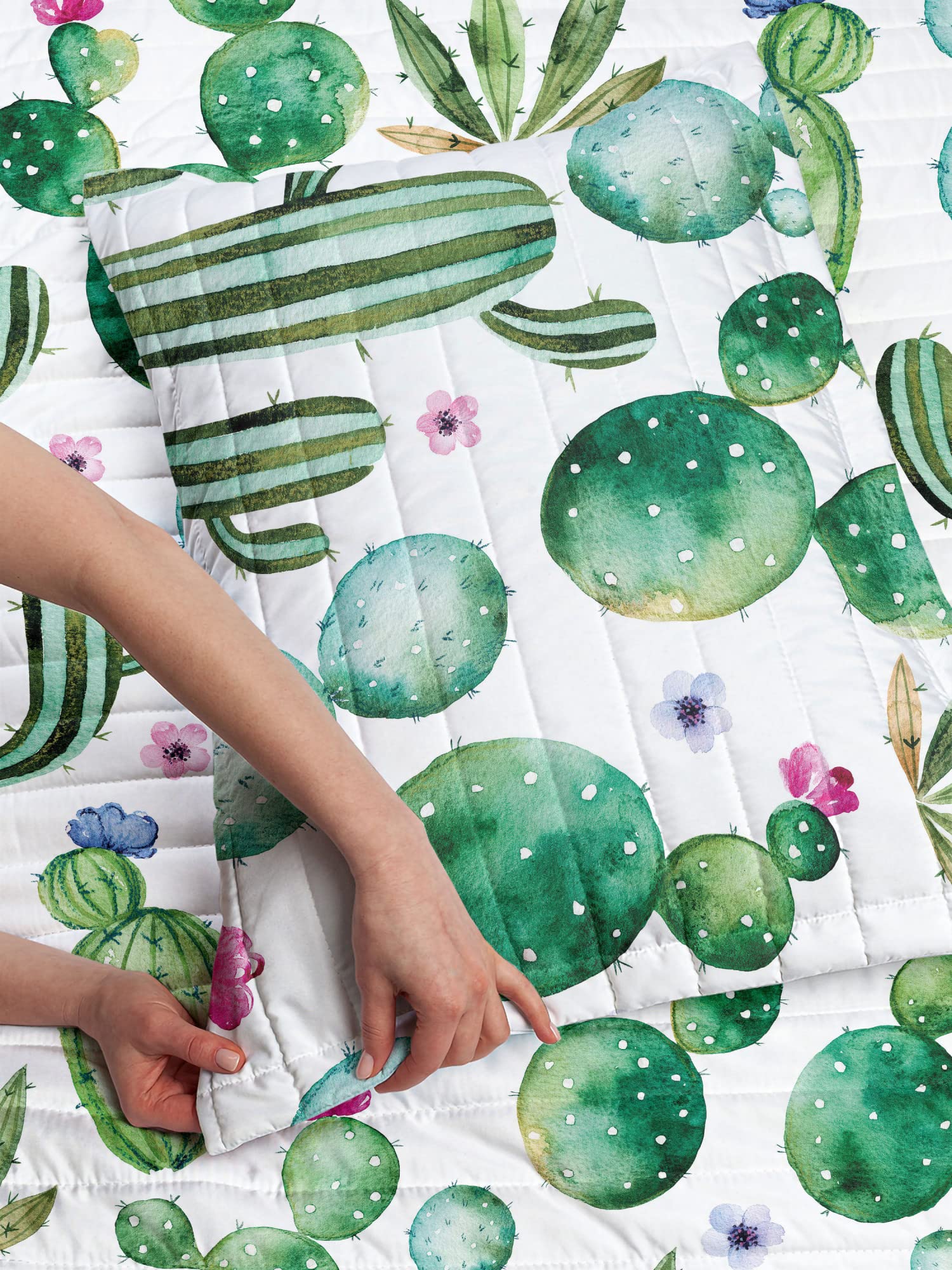Ambesonne Reversible King Size Bedspread Set - Mexican Cactus Cartoon Print Microfiber Bedding with Pillow Shams in Lime Green & Pale Pink | Perfect for Southwestern Decor, Guest Room Makeover, and Cozy Bedroom Upgrade