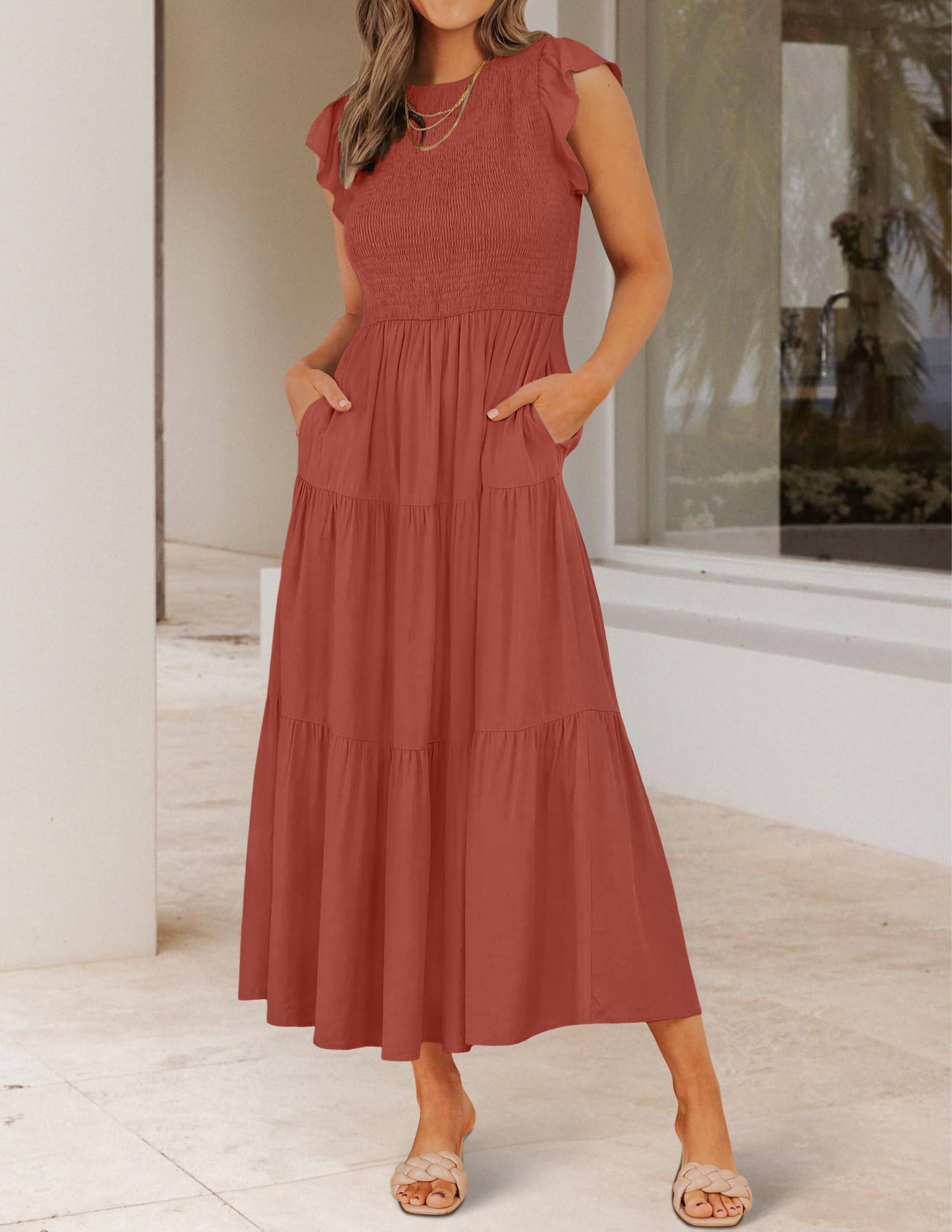 ZESICA Women's Summer Flutter Short Sleeve Smocked Waist Tiered Midi Dress - Casual Crew Neck Elastic Waist Flowy Dress for Beach, Vacation & Everyday Wear