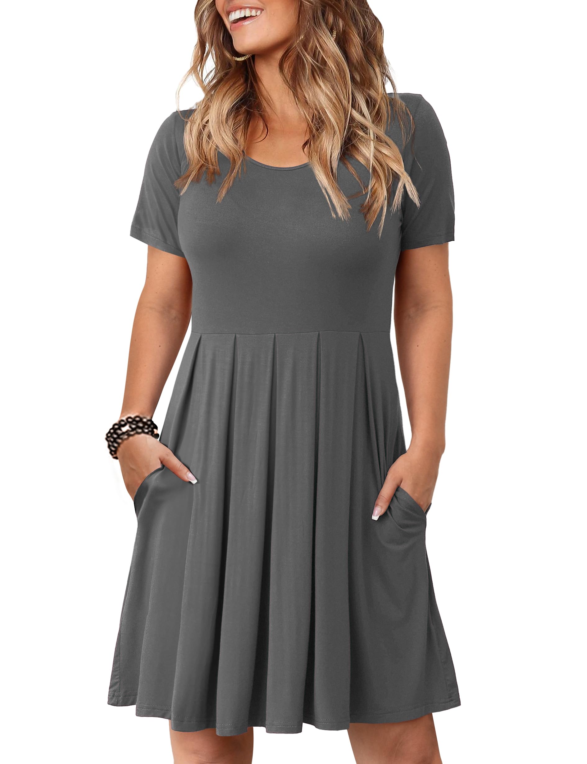 **Tralilbee Women's Plus Size Short Sleeve Dress - Casual Pleated Swing Dress with Pockets for Summer, Travel & Everyday Wear**