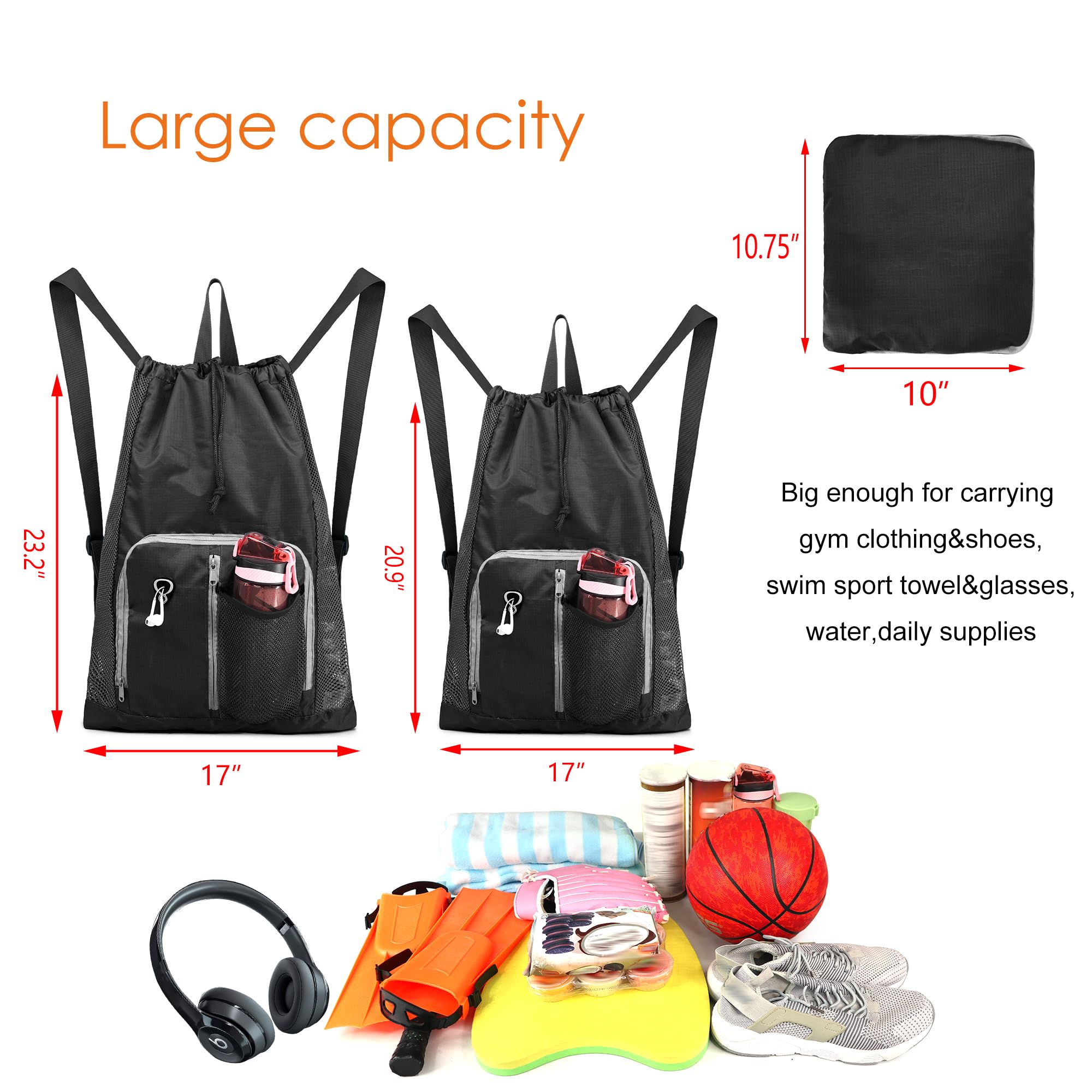 BeeGreen Small Drawstring Backpack - Lightweight Sports Gym Bag for Men & Women - Perfect for Workout, Swimming, Pool & Beach - Durable Dark Black Backpack for Active Lifestyles