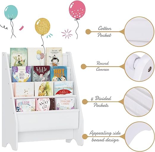 Kids Sling Bookshelf - White Book Organizer & Magazine Rack for Children's Room - Perfect for Bedroom, Playroom & Classroom Storage