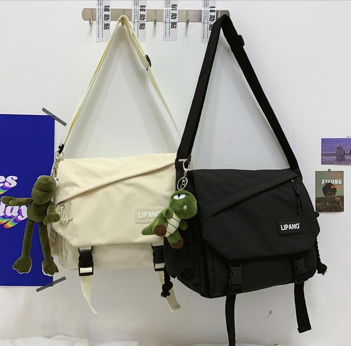Stylish Unisex Nylon Crossbody Bag with Cute Pins & Ornament - Japanese Kawaii Messenger Shoulder Bag for Women & Men | Perfect for Travel, Work & Everyday Use