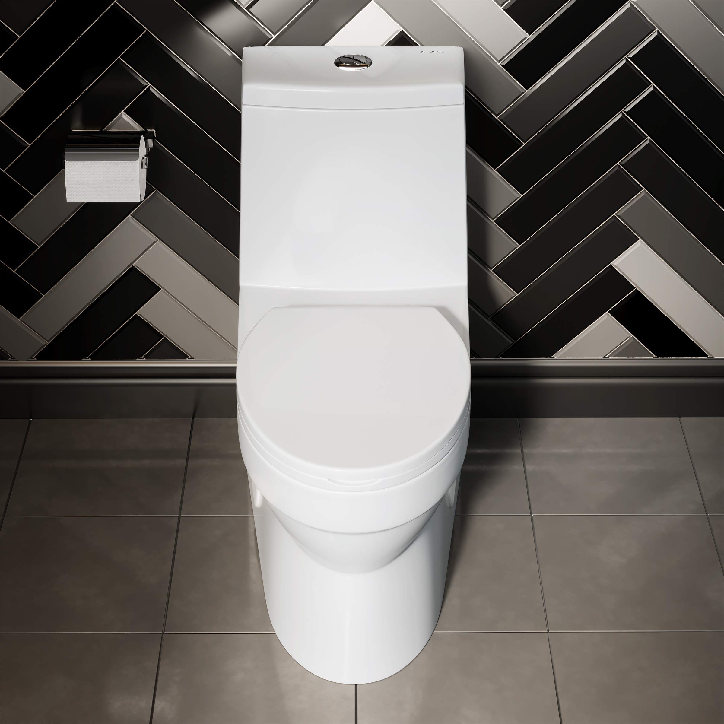Swiss Madison SM-1T118 Virage One Piece Elongated Dual Flush Toilet 0.8/1.28 GPF - High Efficiency Water Saving Design - Glossy White - Perfect for Modern Bathrooms & Small Spaces