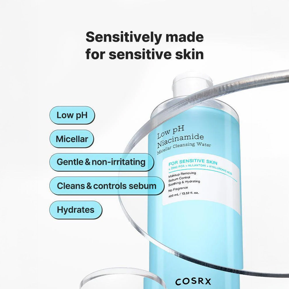 Niacinamide Micellar Cleansing Water for Sensitive Skin - Low pH Gentle Facial Cleanser for Makeup Removal & Daily Skincare Routine