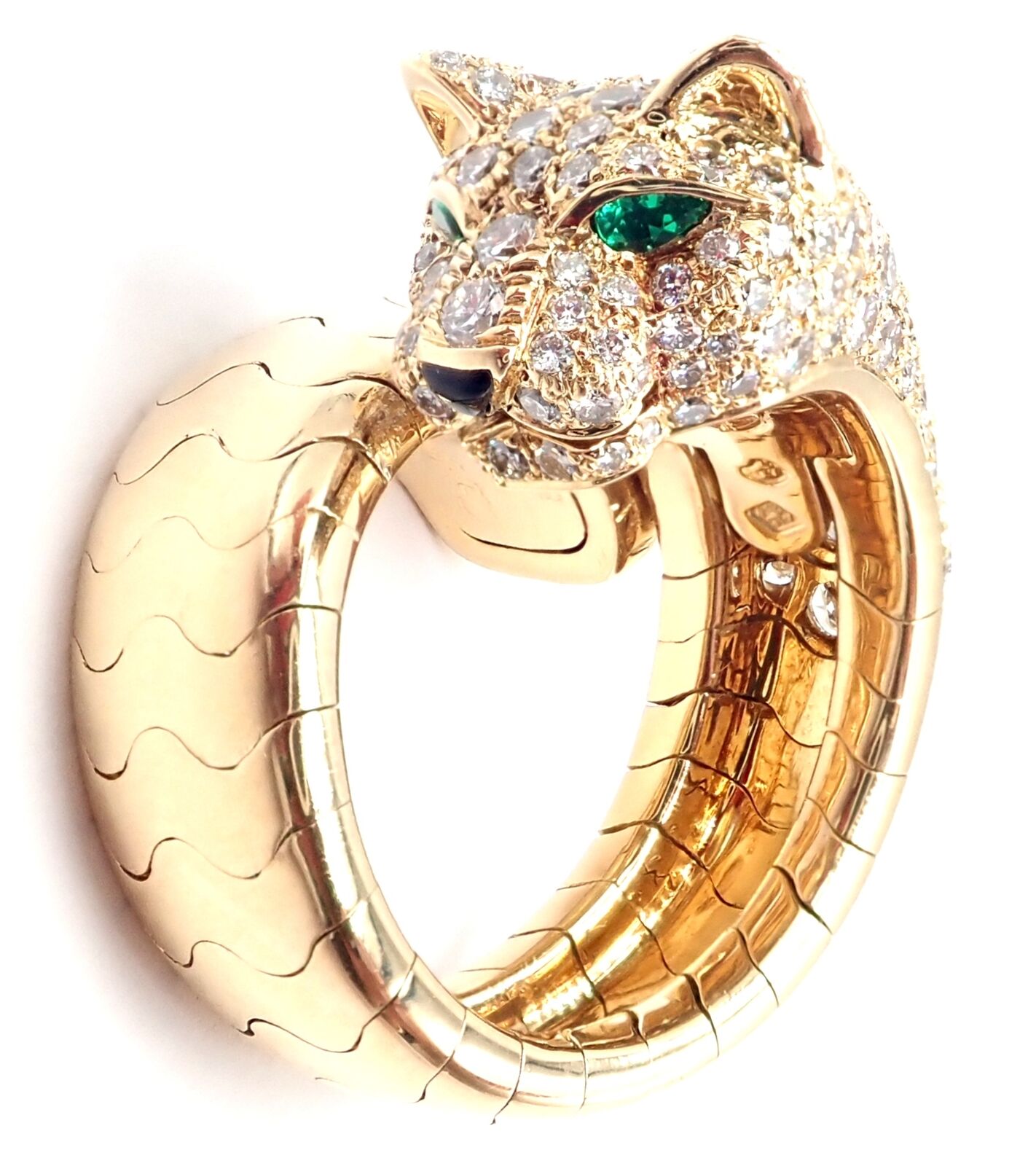 Authentic Cartier Panther 18k Yellow Gold Diamond Emerald Onyx Band Ring - Luxury Jewelry for Women, Perfect for Weddings, Anniversaries & Special Occasions