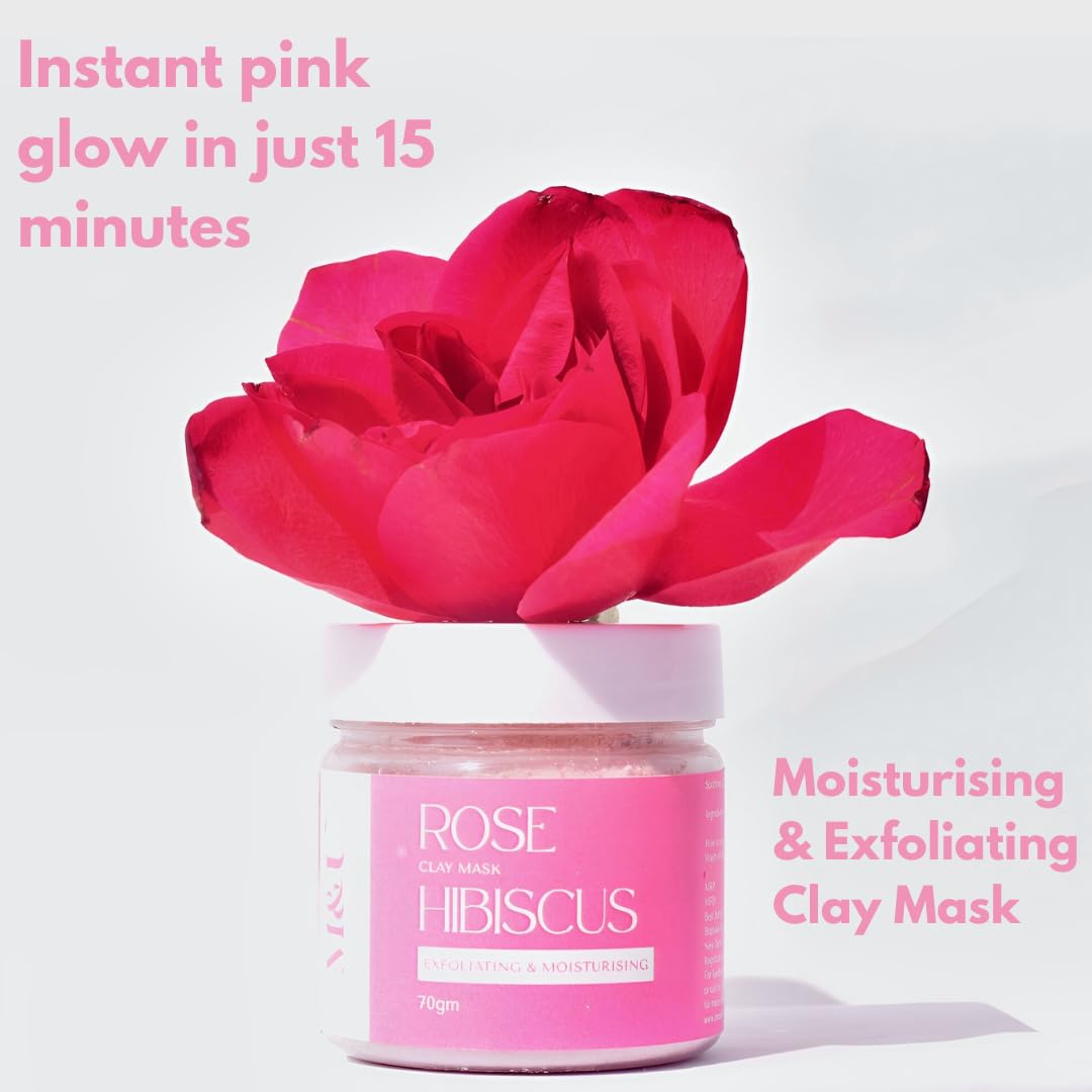Rose & Hibiscus Pink Glow Clay Mask with French Pink Clay & Coconut Milk - Exfoliating & Anti-Aging Deep Pore Cleanser for Men & Women - Perfect for Spa Nights & Skincare Routines (1 Count)